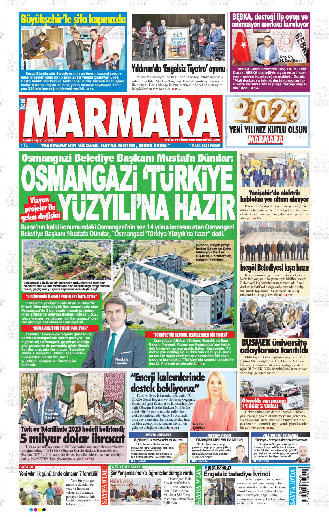 01 Ocak 2023 Yeni Marmara Gazete Manşeti