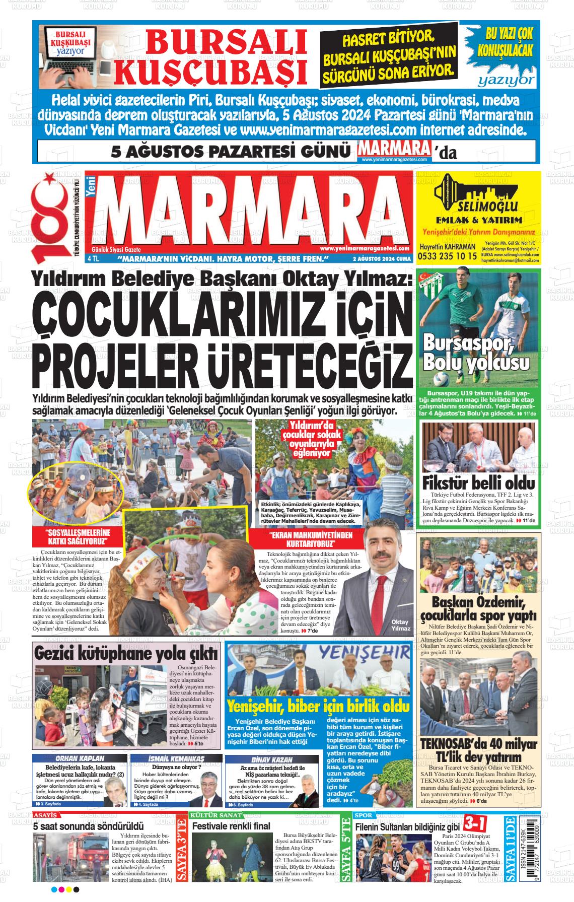 02 Ağustos 2024 Yeni Marmara Gazete Manşeti