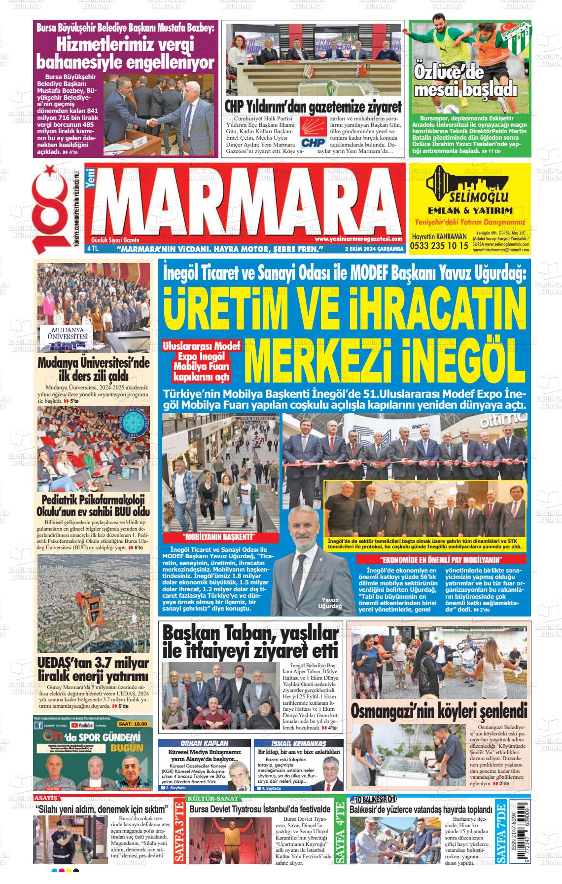 02 Ekim 2024 Yeni Marmara Gazete Manşeti