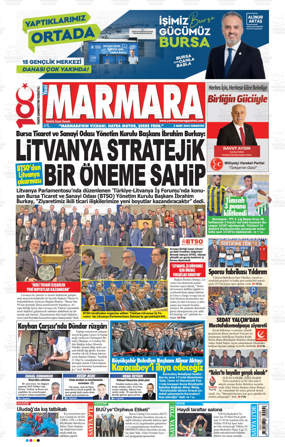 02 Mart 2024 Yeni Marmara Gazete Manşeti