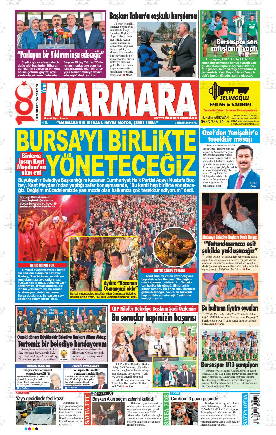 02 Nisan 2024 Yeni Marmara Gazete Manşeti