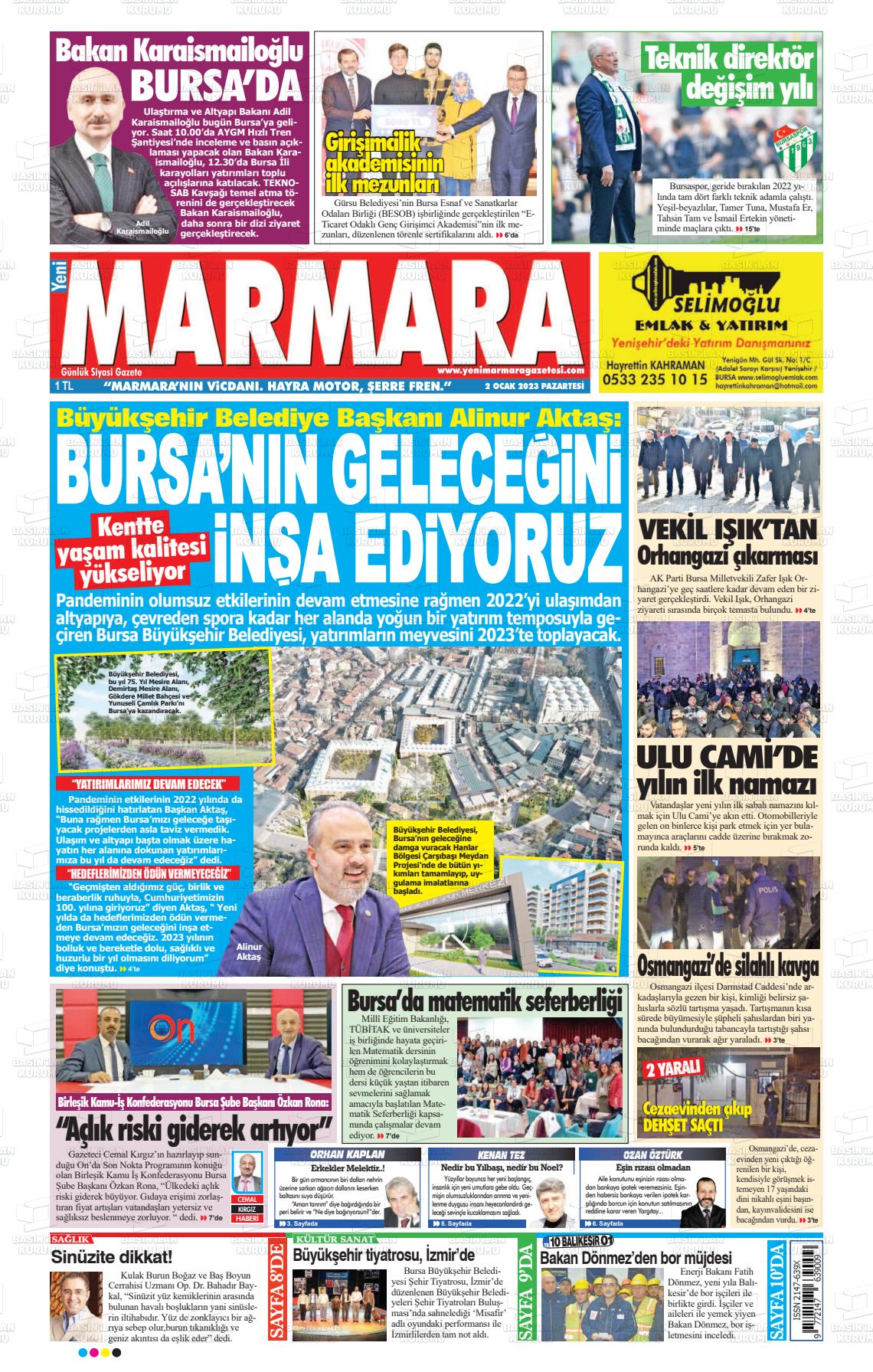 02 Ocak 2023 Yeni Marmara Gazete Manşeti