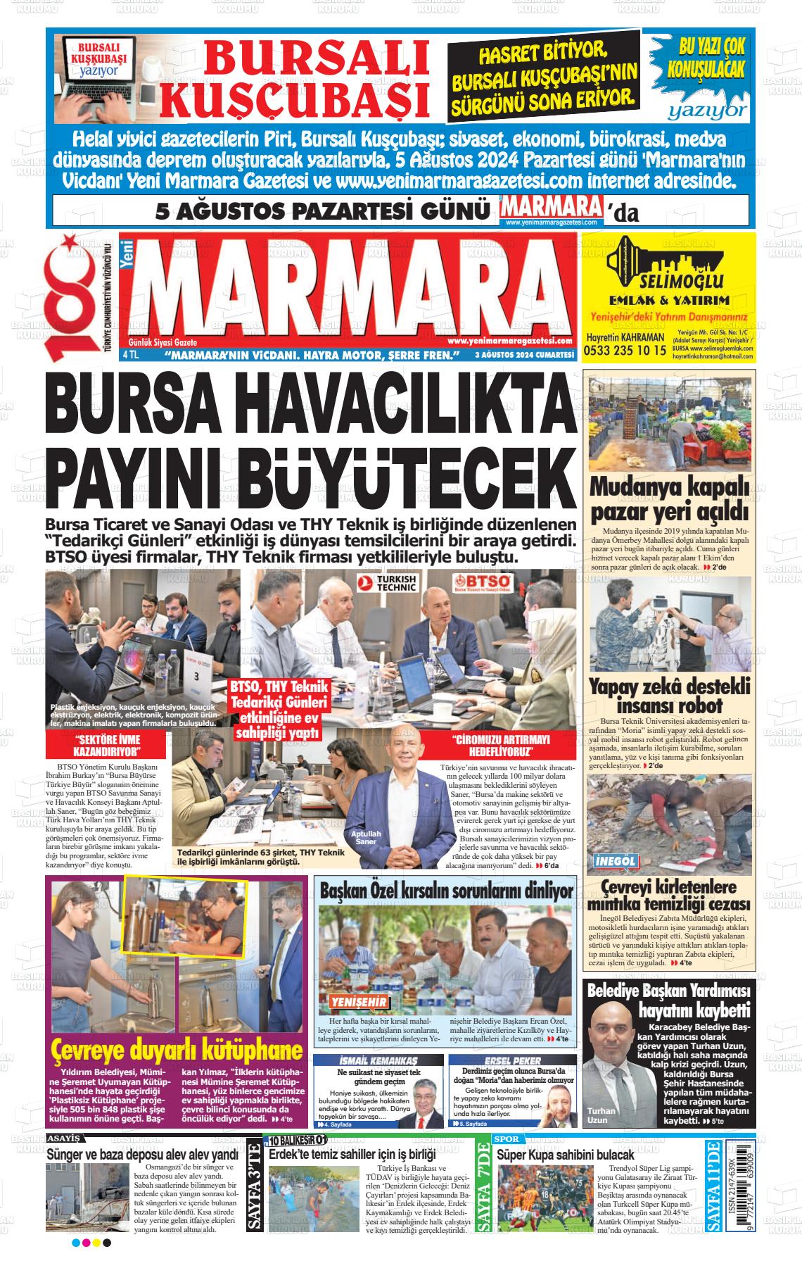 03 Ağustos 2024 Yeni Marmara Gazete Manşeti