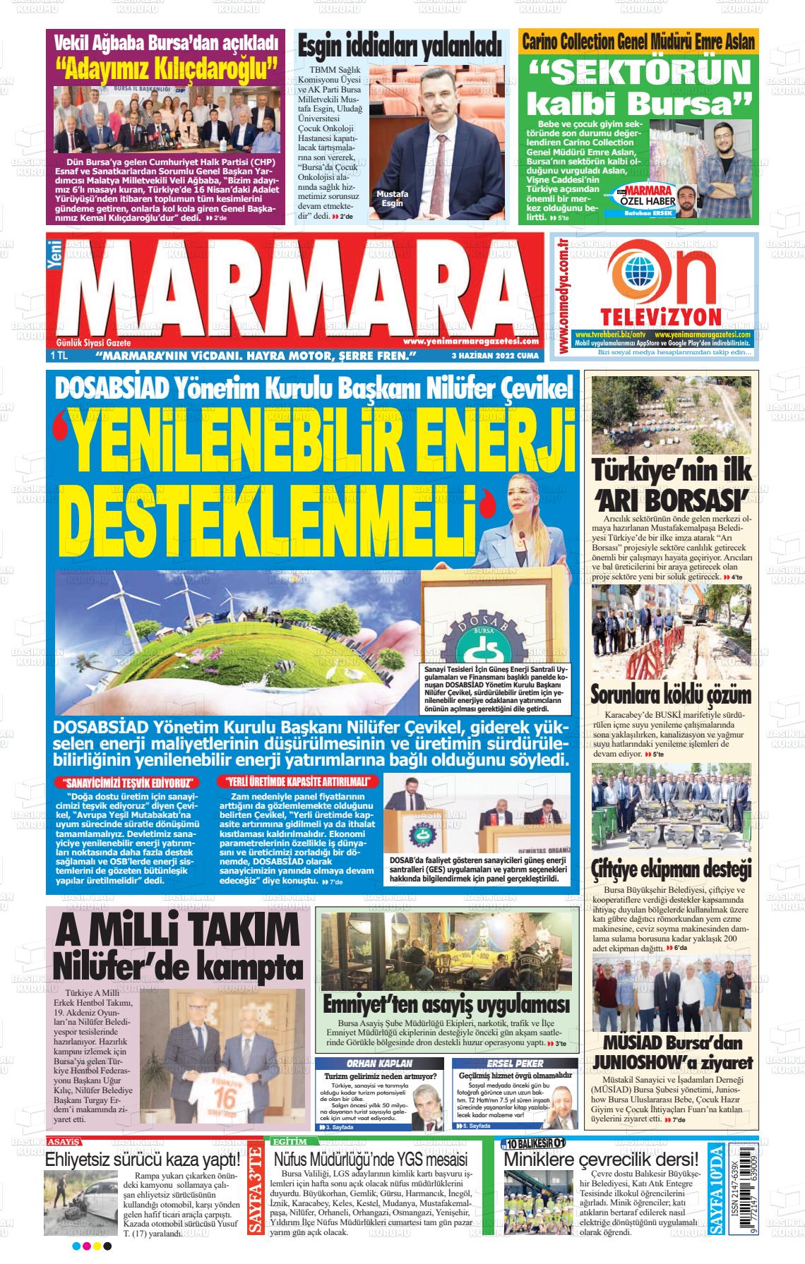 03 Haziran 2022 Yeni Marmara Gazete Manşeti