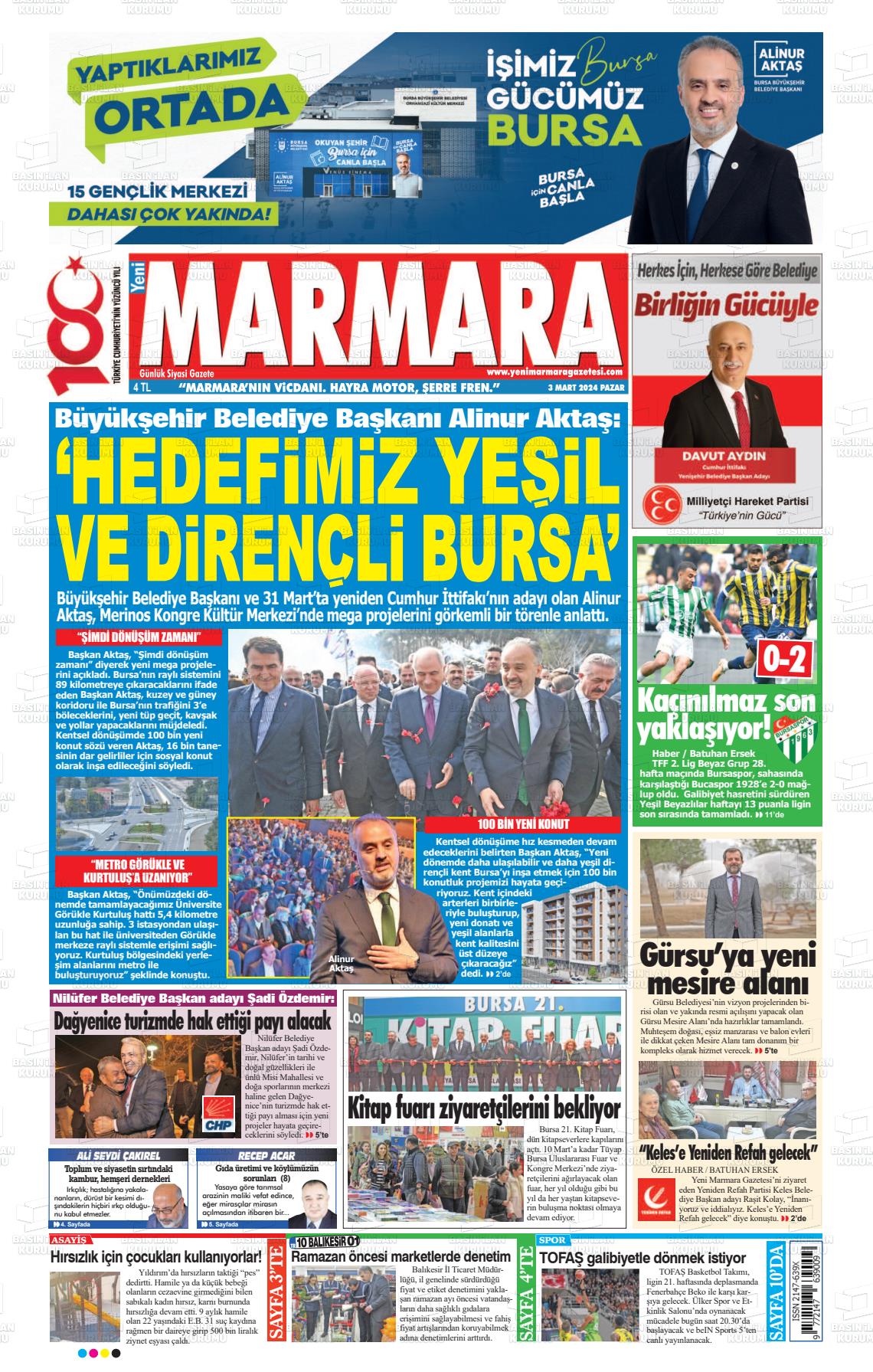 03 Mart 2024 Yeni Marmara Gazete Manşeti