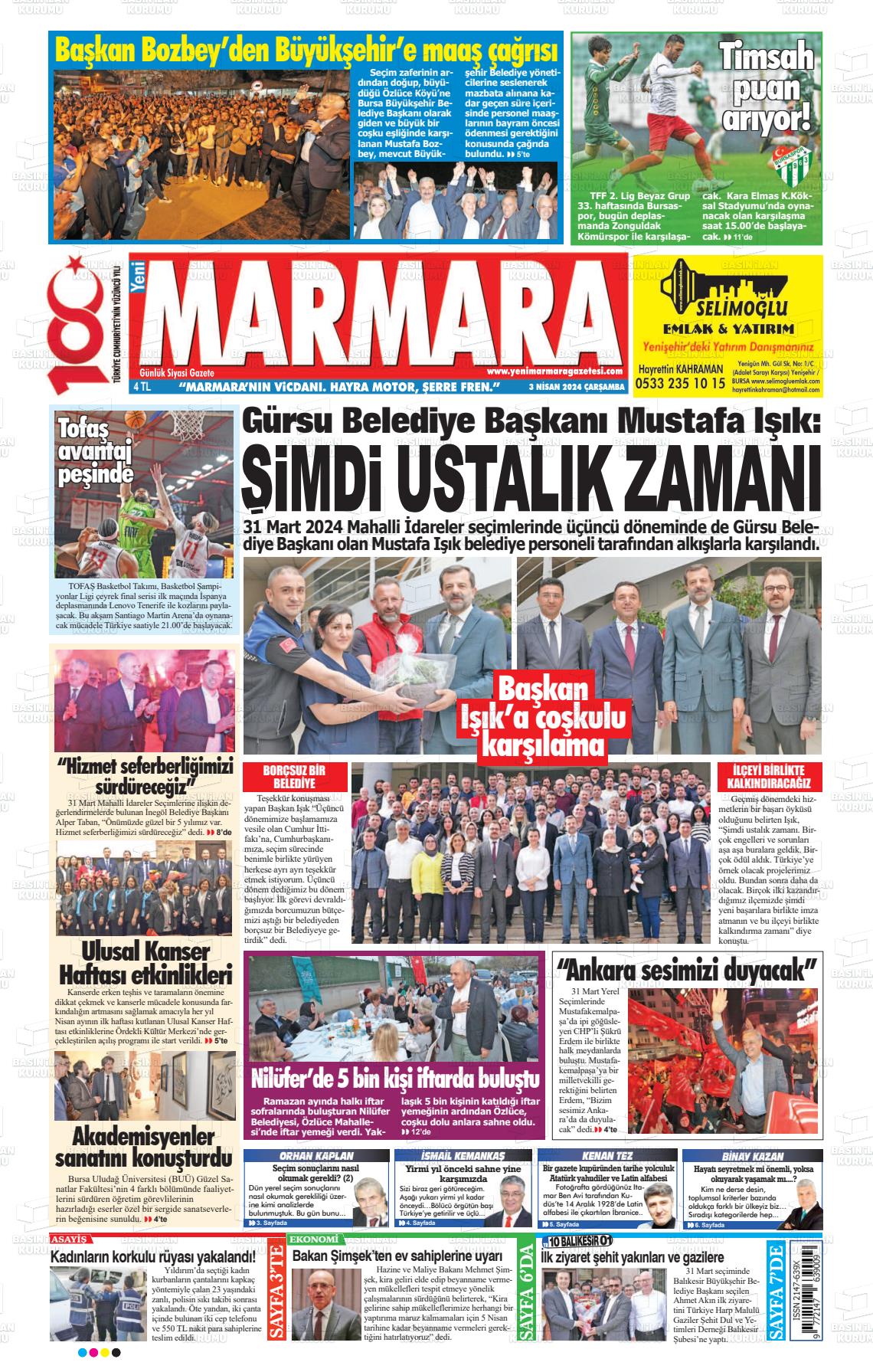 03 Nisan 2024 Yeni Marmara Gazete Manşeti