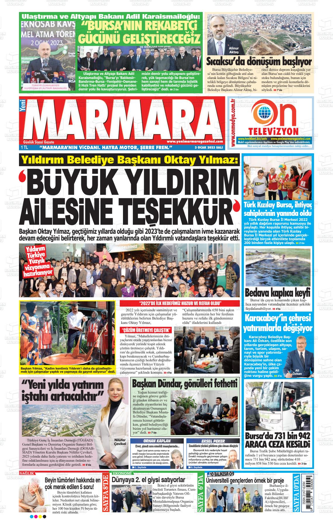 03 Ocak 2023 Yeni Marmara Gazete Manşeti