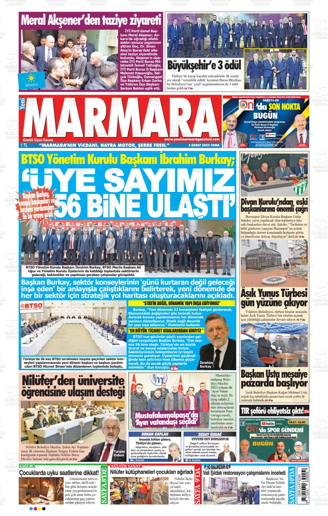 03 Şubat 2023 Yeni Marmara Gazete Manşeti