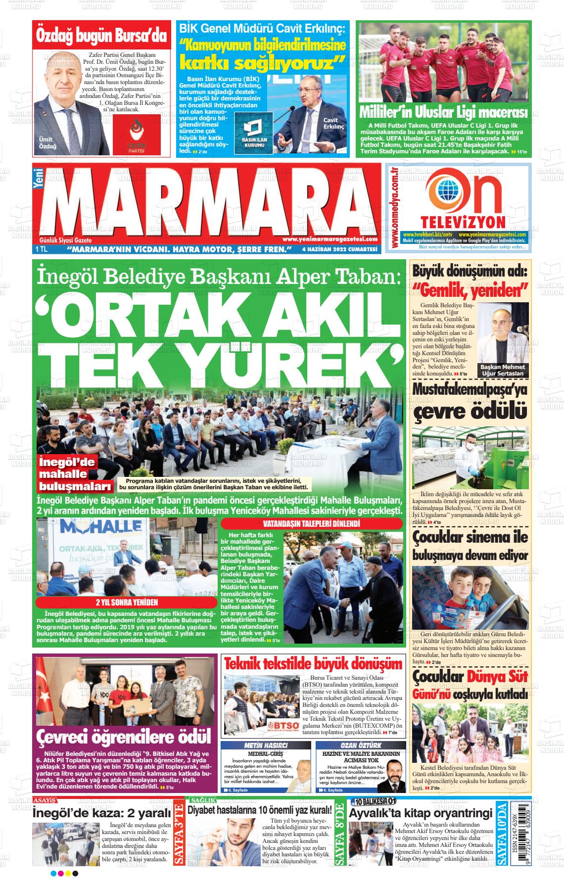 04 Haziran 2022 Yeni Marmara Gazete Manşeti