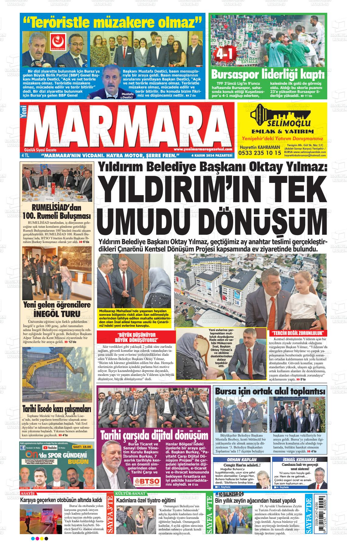 04 Kasım 2024 Yeni Marmara Gazete Manşeti