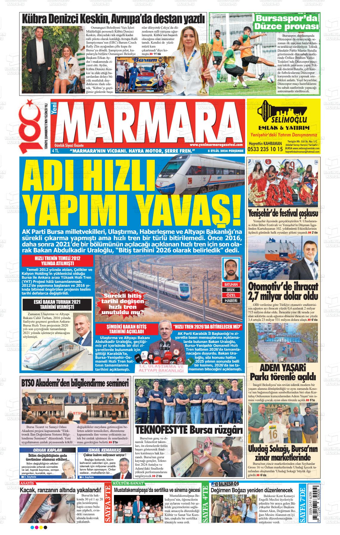 05 Eylül 2024 Yeni Marmara Gazete Manşeti