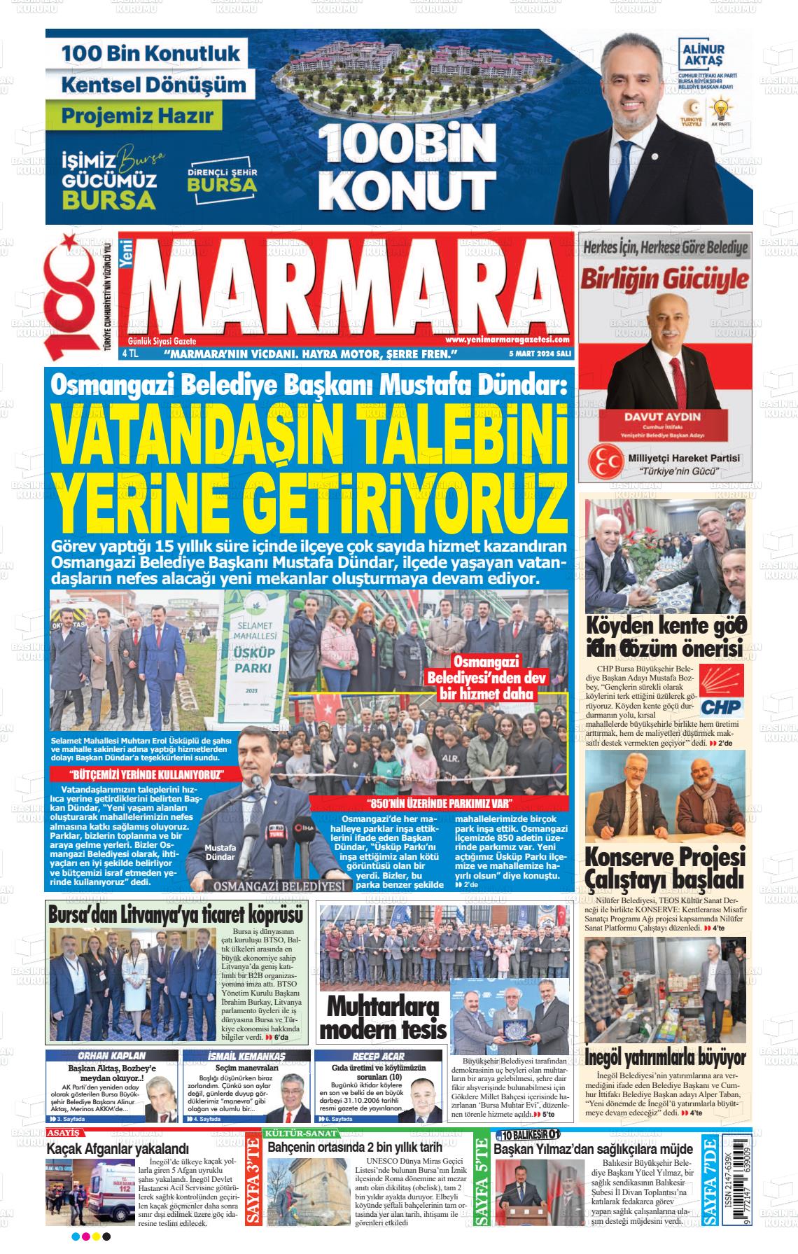 05 Mart 2024 Yeni Marmara Gazete Manşeti