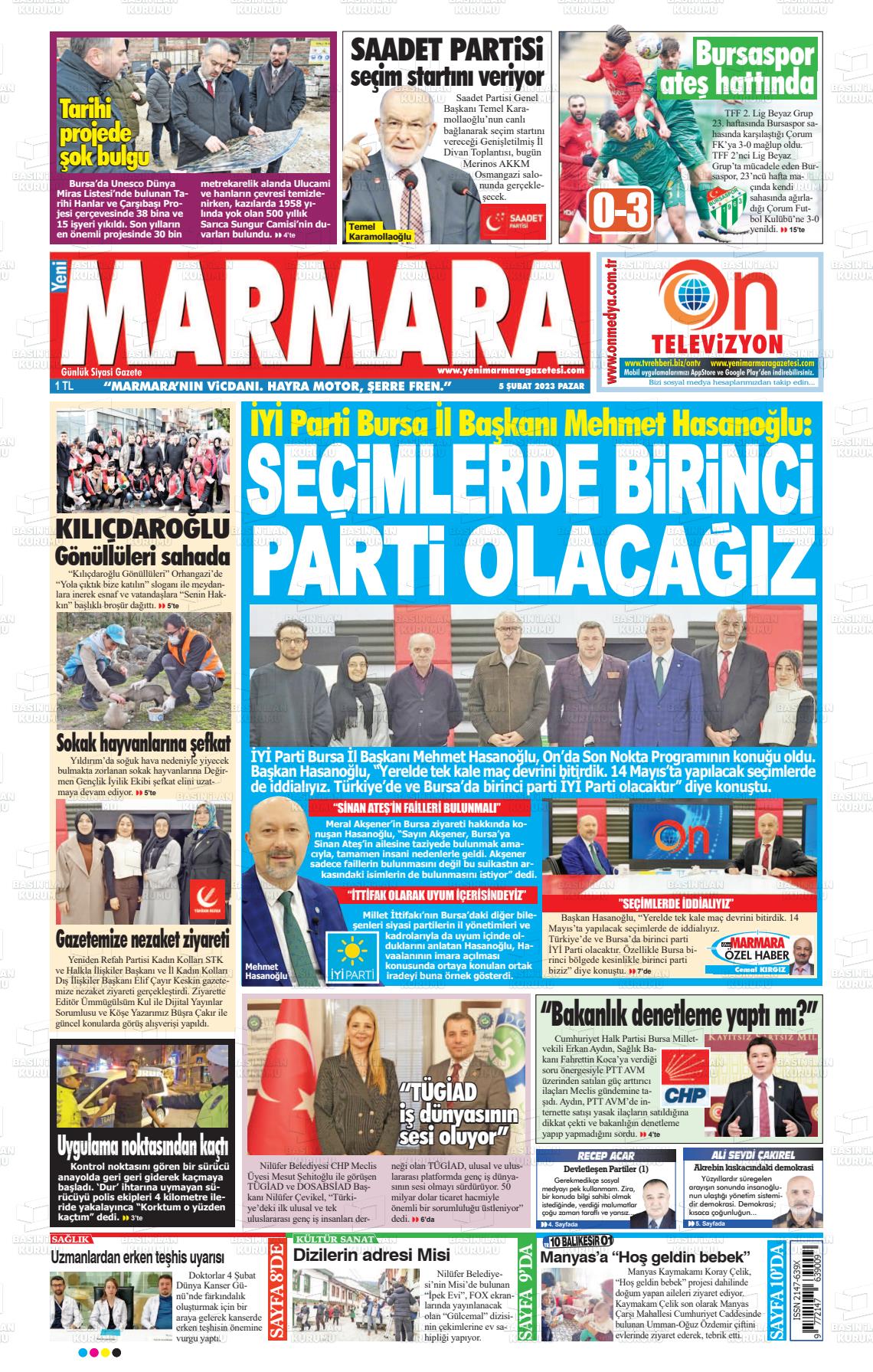 05 Şubat 2023 Yeni Marmara Gazete Manşeti