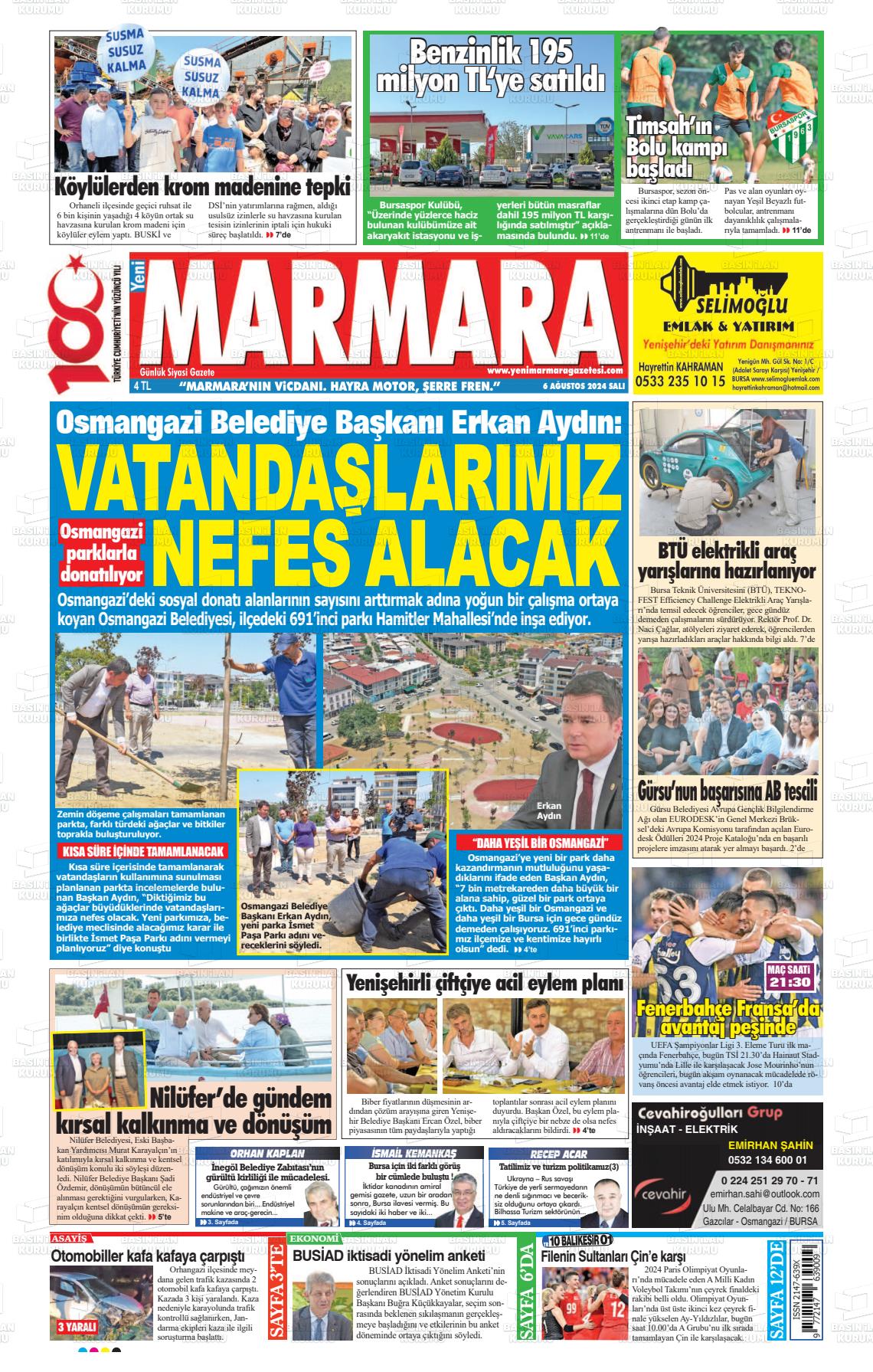 06 Ağustos 2024 Yeni Marmara Gazete Manşeti