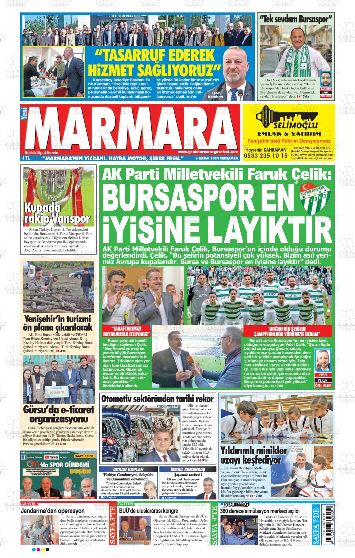 06 Kasım 2024 Yeni Marmara Gazete Manşeti