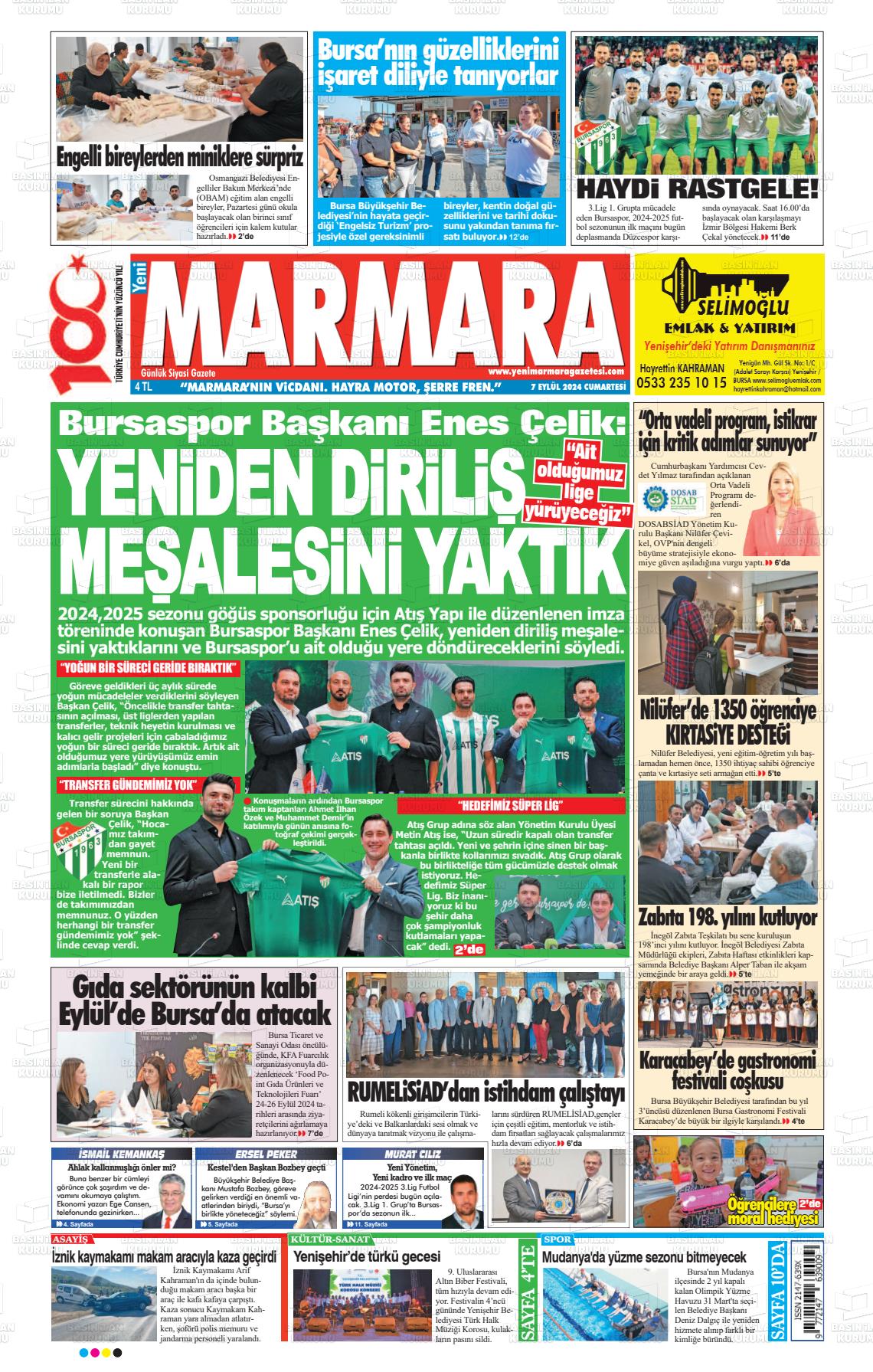 07 Eylül 2024 Yeni Marmara Gazete Manşeti