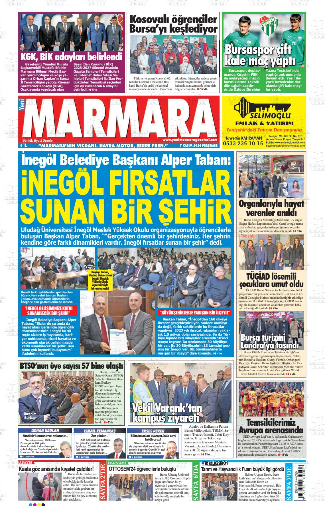 07 Kasım 2024 Yeni Marmara Gazete Manşeti