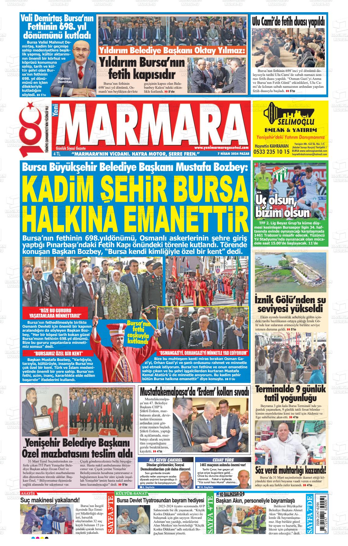 07 Nisan 2024 Yeni Marmara Gazete Manşeti