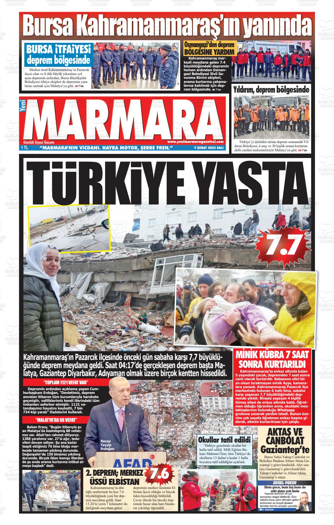 07 Şubat 2023 Yeni Marmara Gazete Manşeti