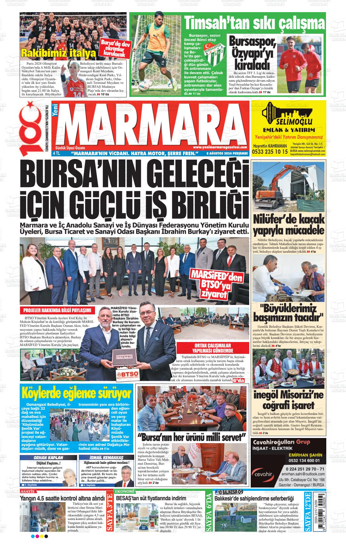 08 Ağustos 2024 Yeni Marmara Gazete Manşeti