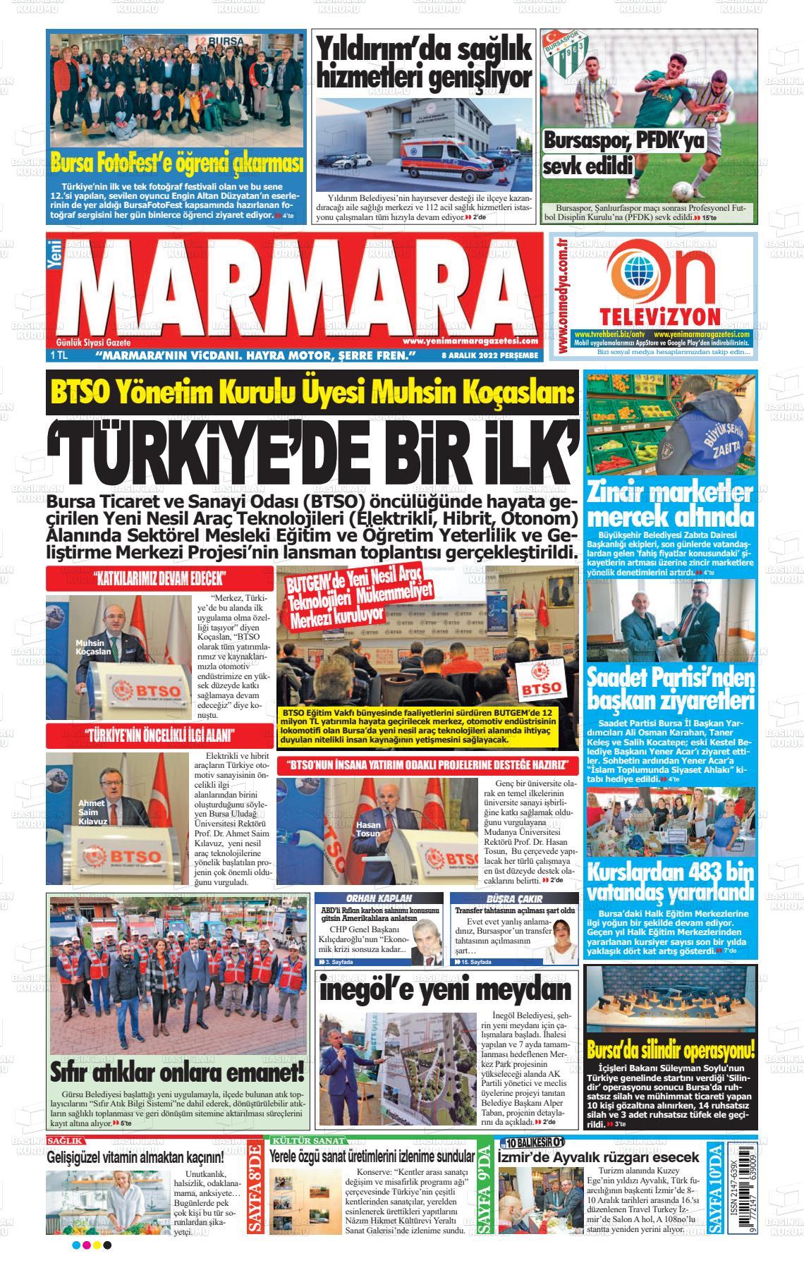 08 Aralık 2022 Yeni Marmara Gazete Manşeti