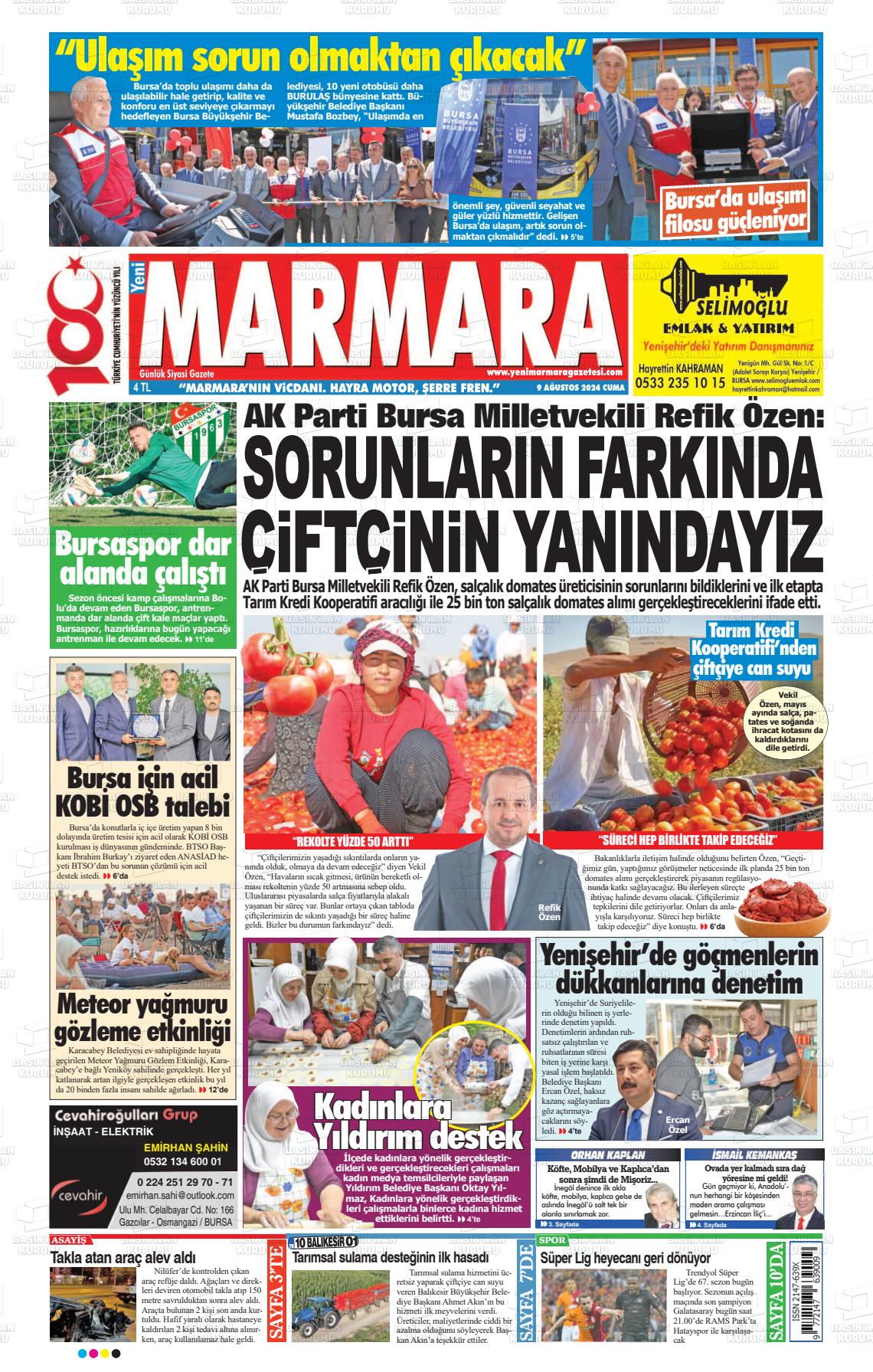 09 Ağustos 2024 Yeni Marmara Gazete Manşeti