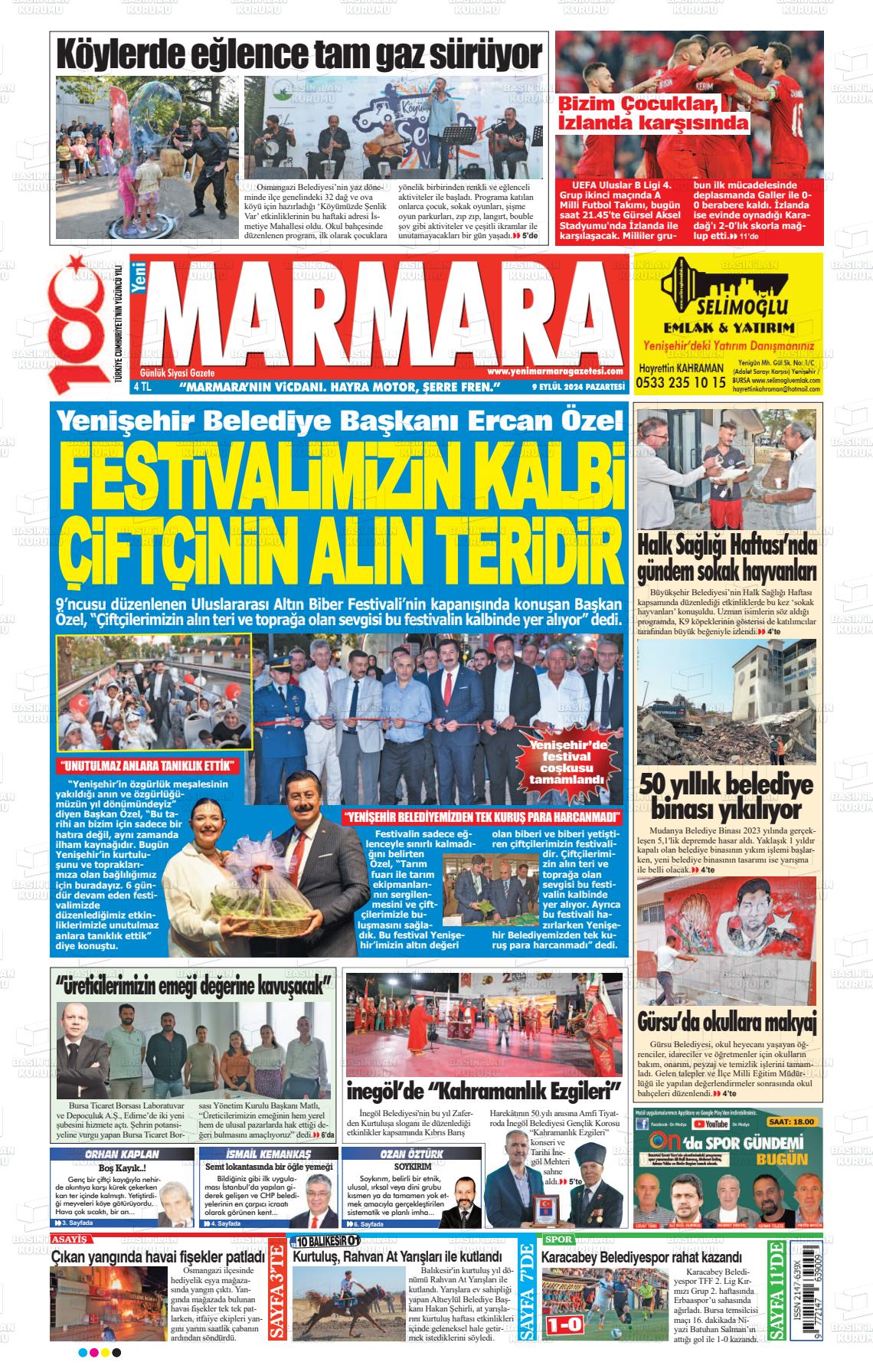 09 Eylül 2024 Yeni Marmara Gazete Manşeti