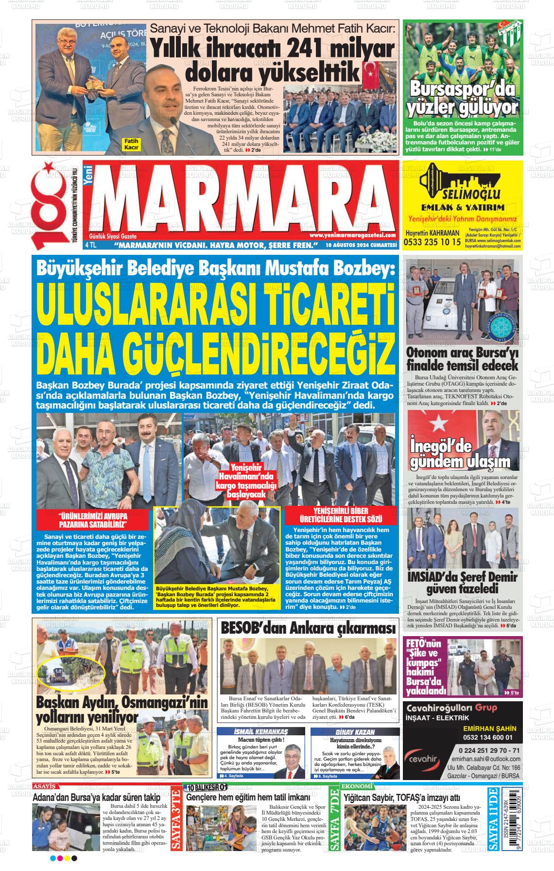 10 Ağustos 2024 Yeni Marmara Gazete Manşeti