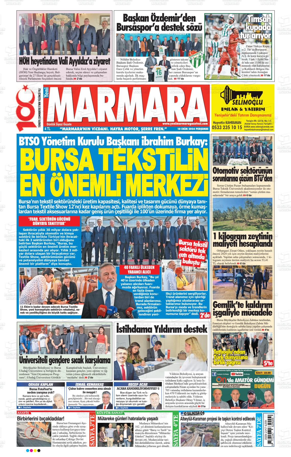 10 Ekim 2024 Yeni Marmara Gazete Manşeti