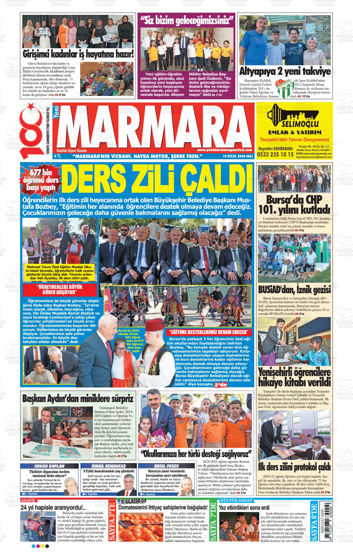 10 Eylül 2024 Yeni Marmara Gazete Manşeti