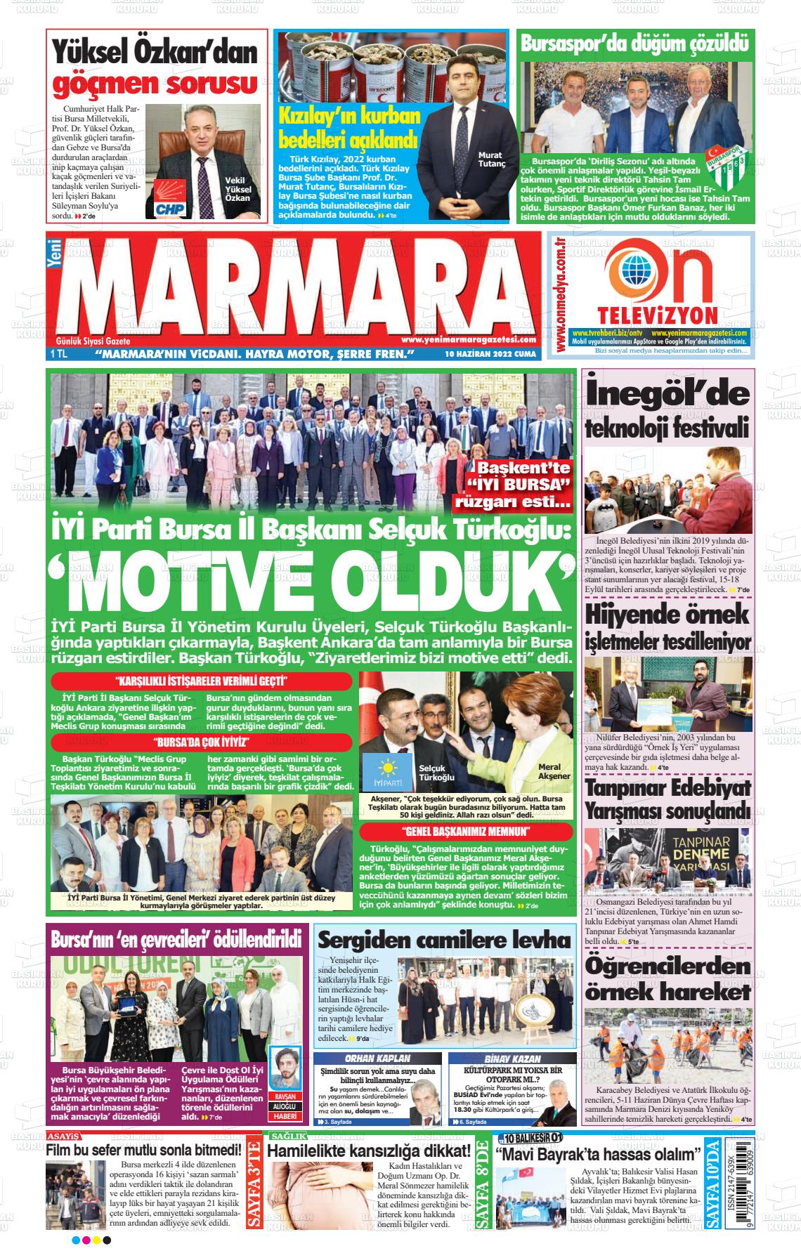 10 Haziran 2022 Yeni Marmara Gazete Manşeti