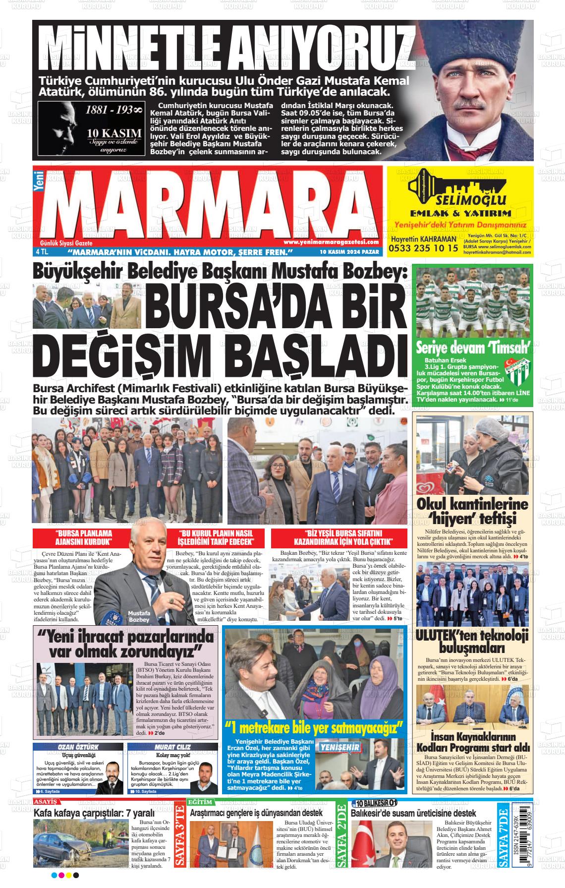 10 Kasım 2024 Yeni Marmara Gazete Manşeti