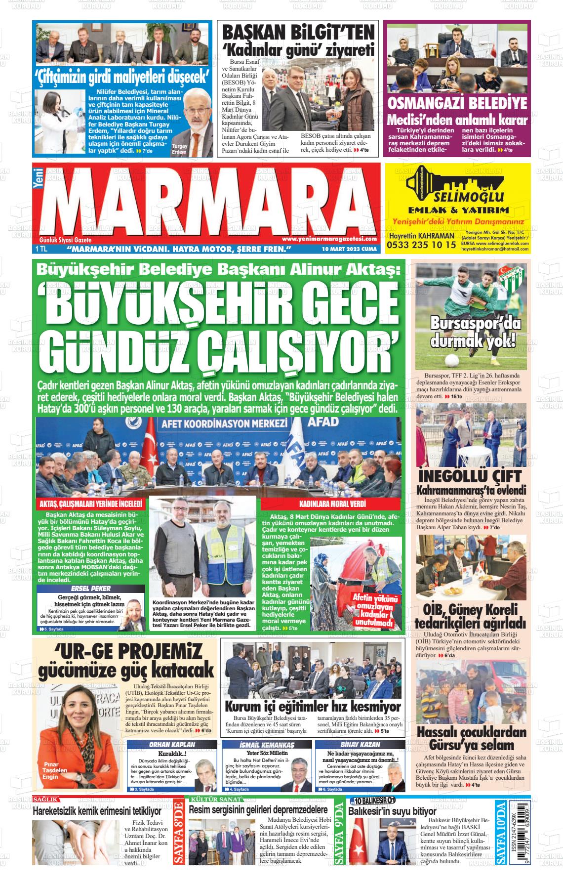 10 Mart 2023 Yeni Marmara Gazete Manşeti