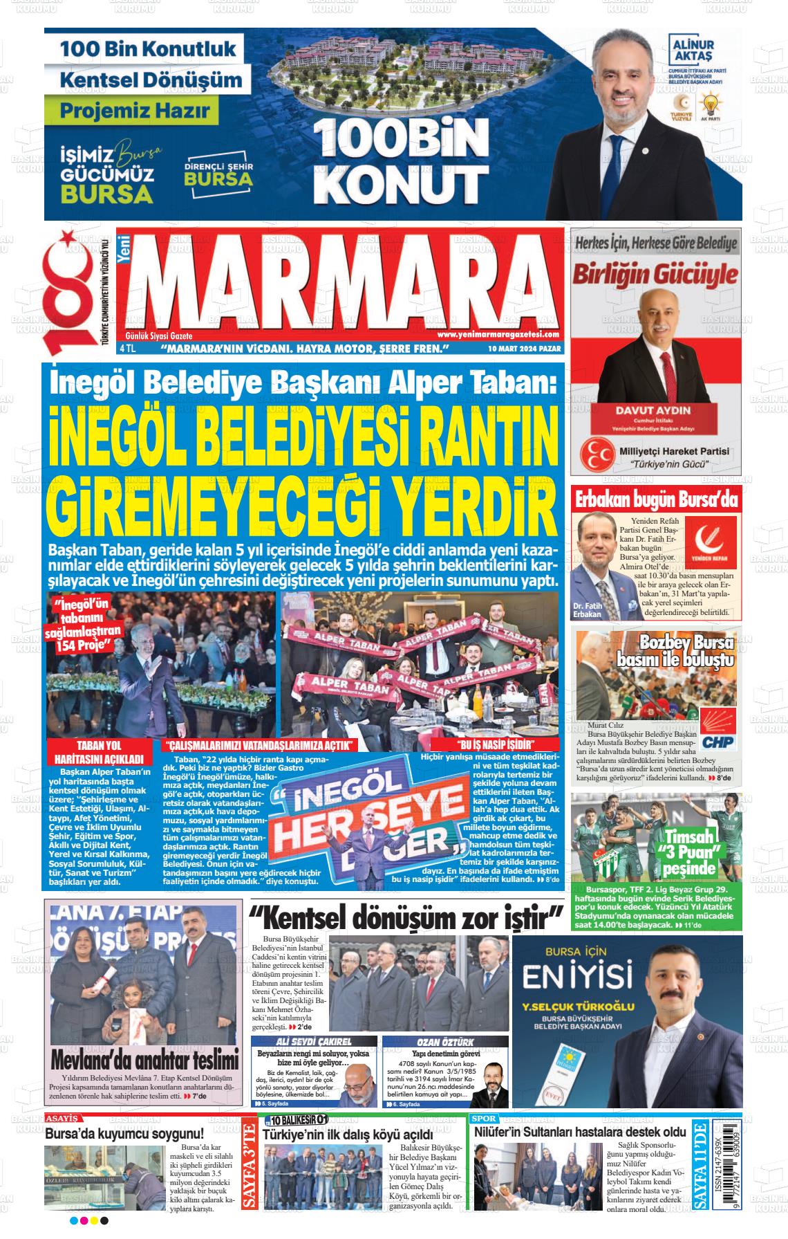 10 Mart 2024 Yeni Marmara Gazete Manşeti