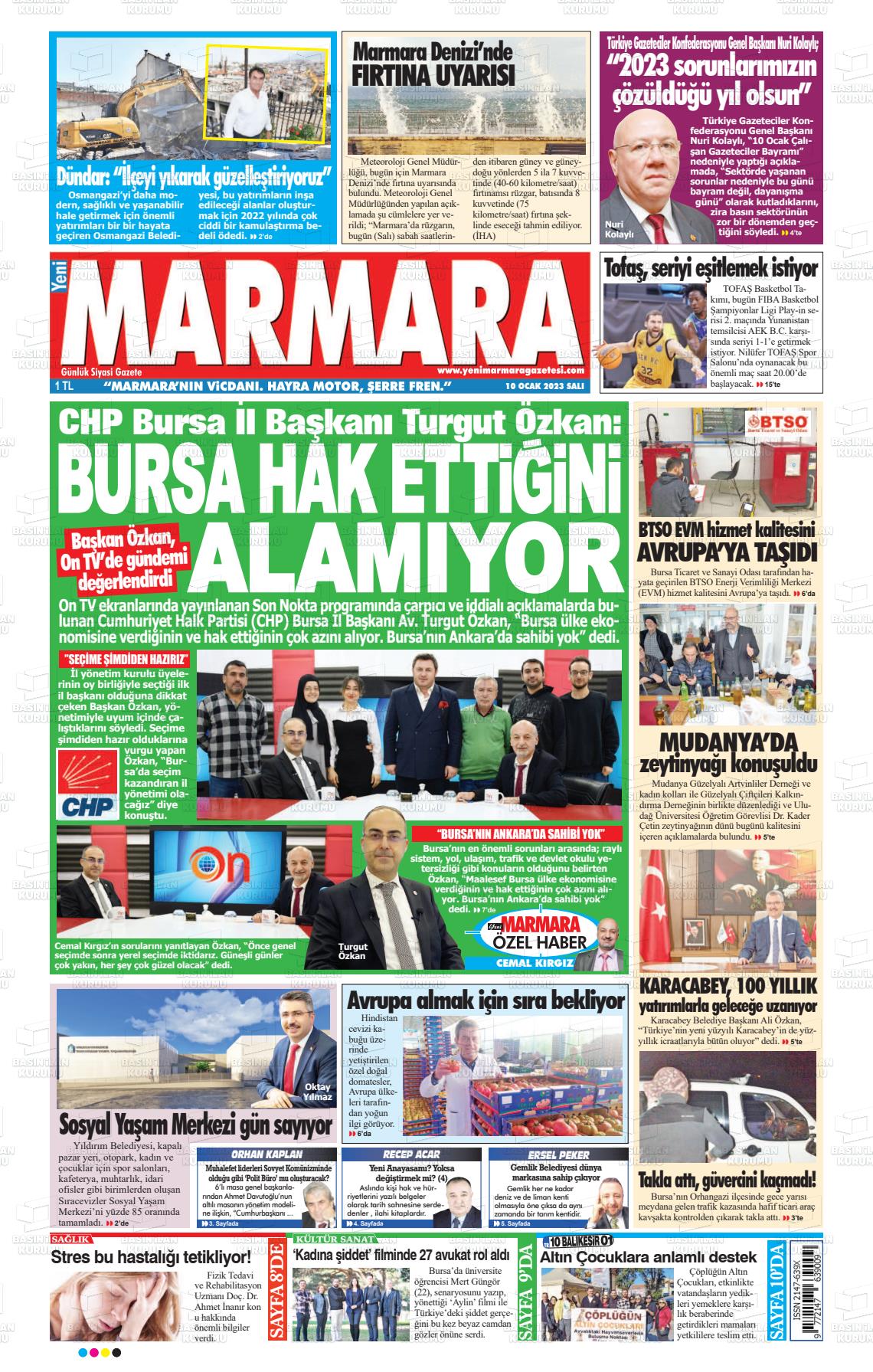 11 Ocak 2023 Yeni Marmara Gazete Manşeti