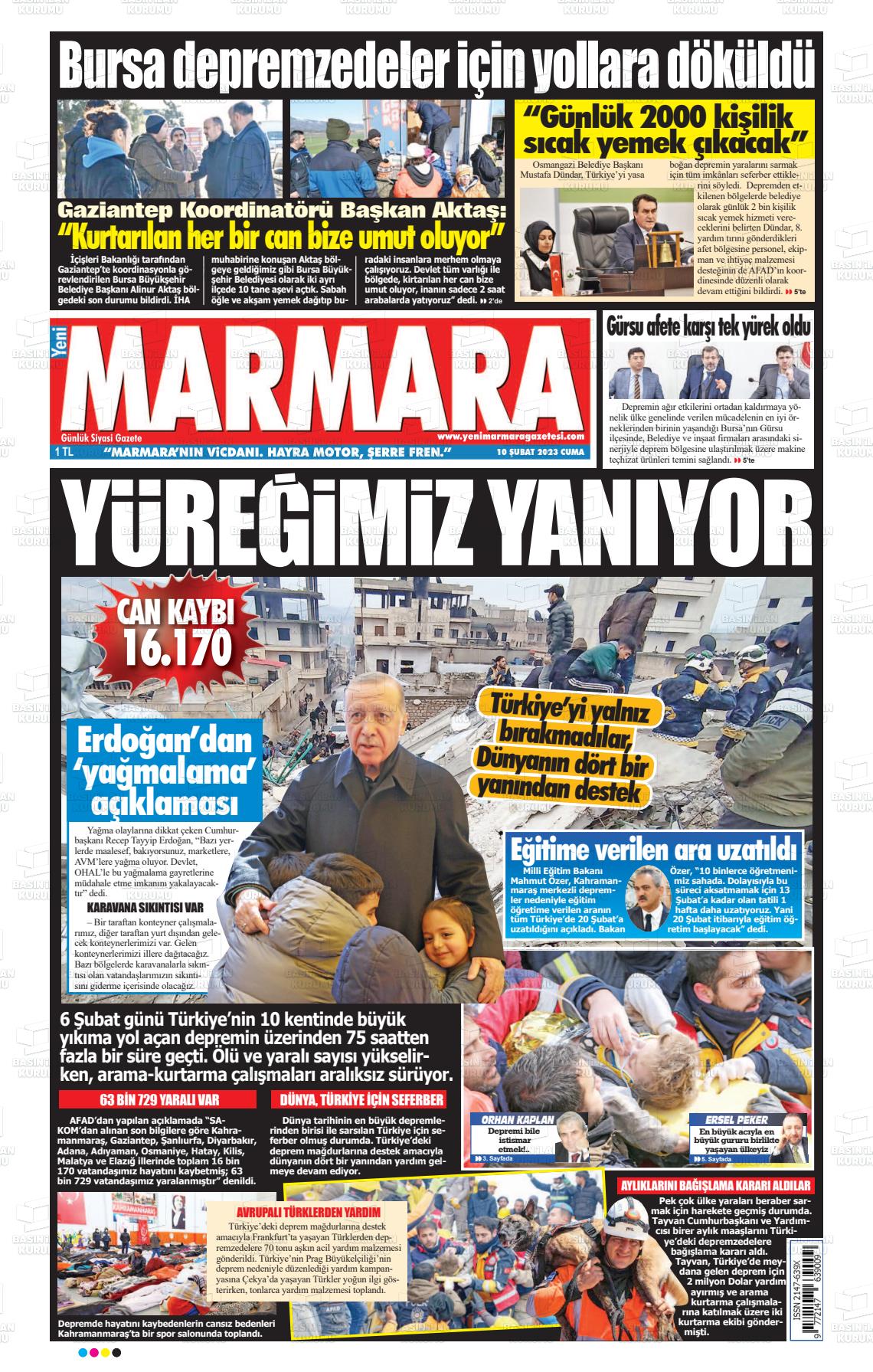 10 Şubat 2023 Yeni Marmara Gazete Manşeti