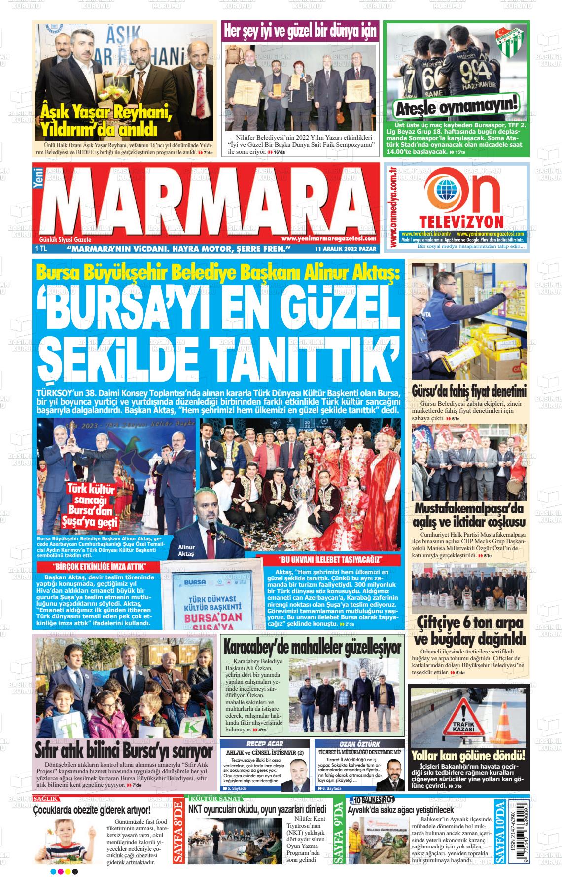 11 Aralık 2022 Yeni Marmara Gazete Manşeti