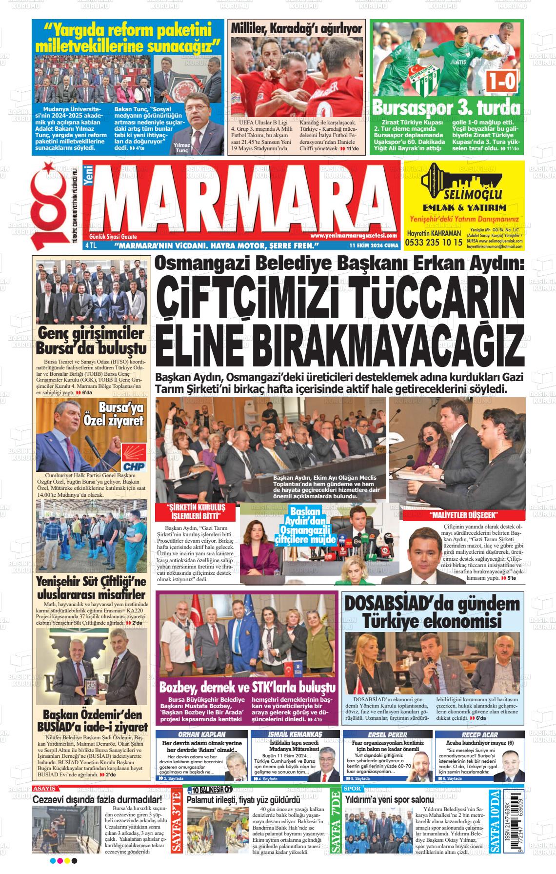 11 Ekim 2024 Yeni Marmara Gazete Manşeti