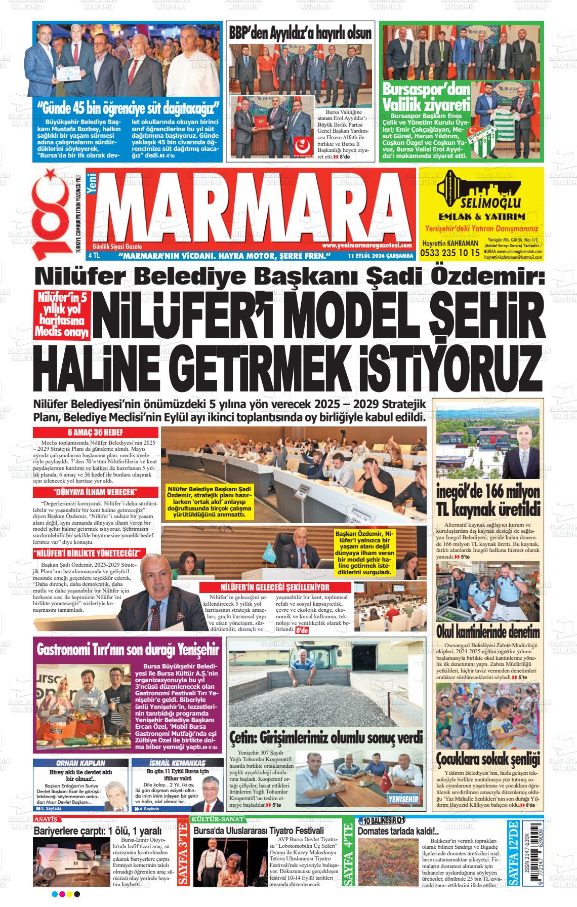 11 Eylül 2024 Yeni Marmara Gazete Manşeti