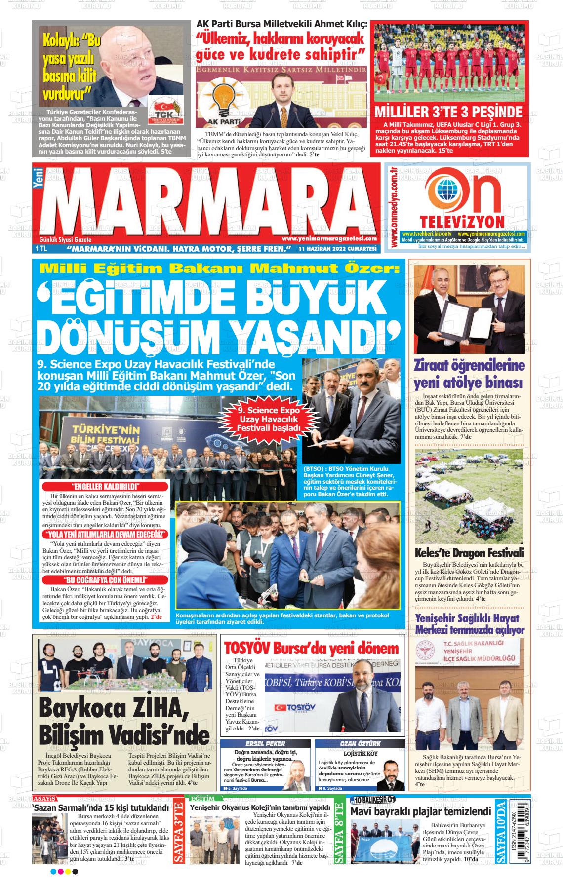 11 Haziran 2022 Yeni Marmara Gazete Manşeti