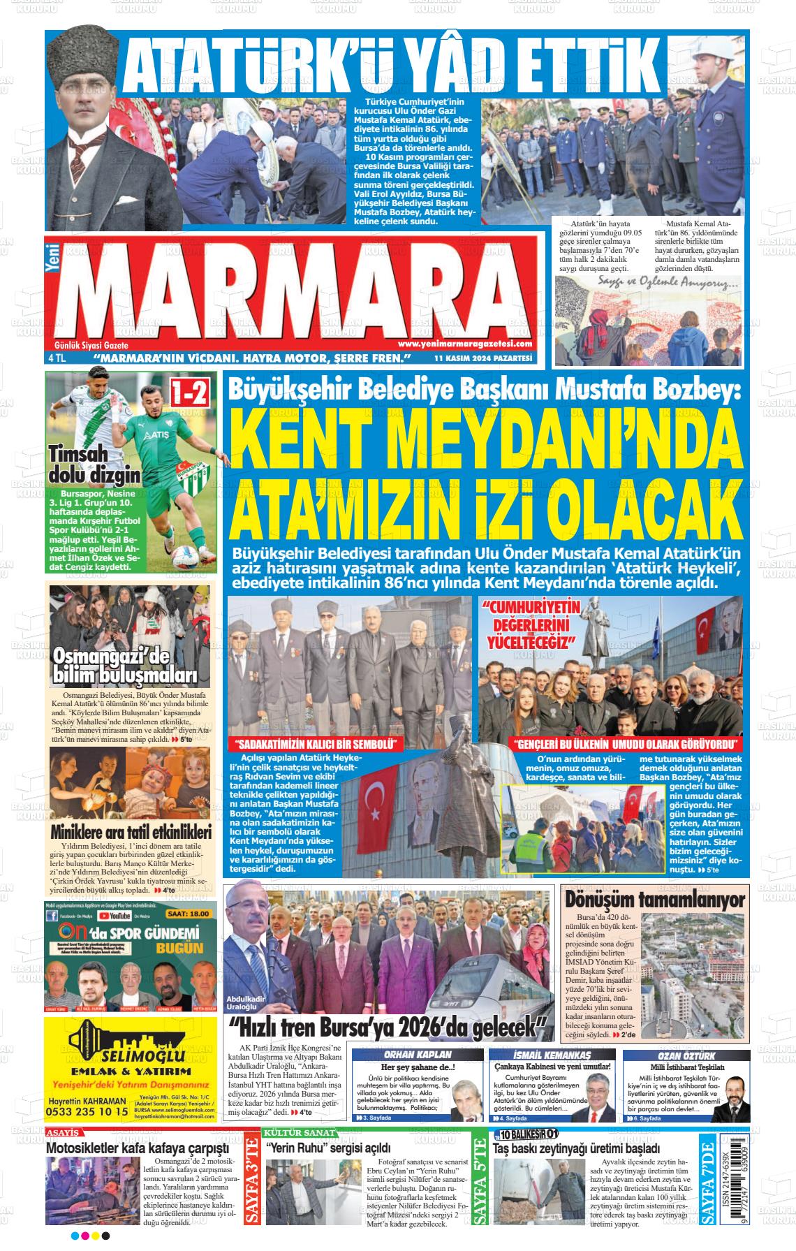 11 Kasım 2024 Yeni Marmara Gazete Manşeti