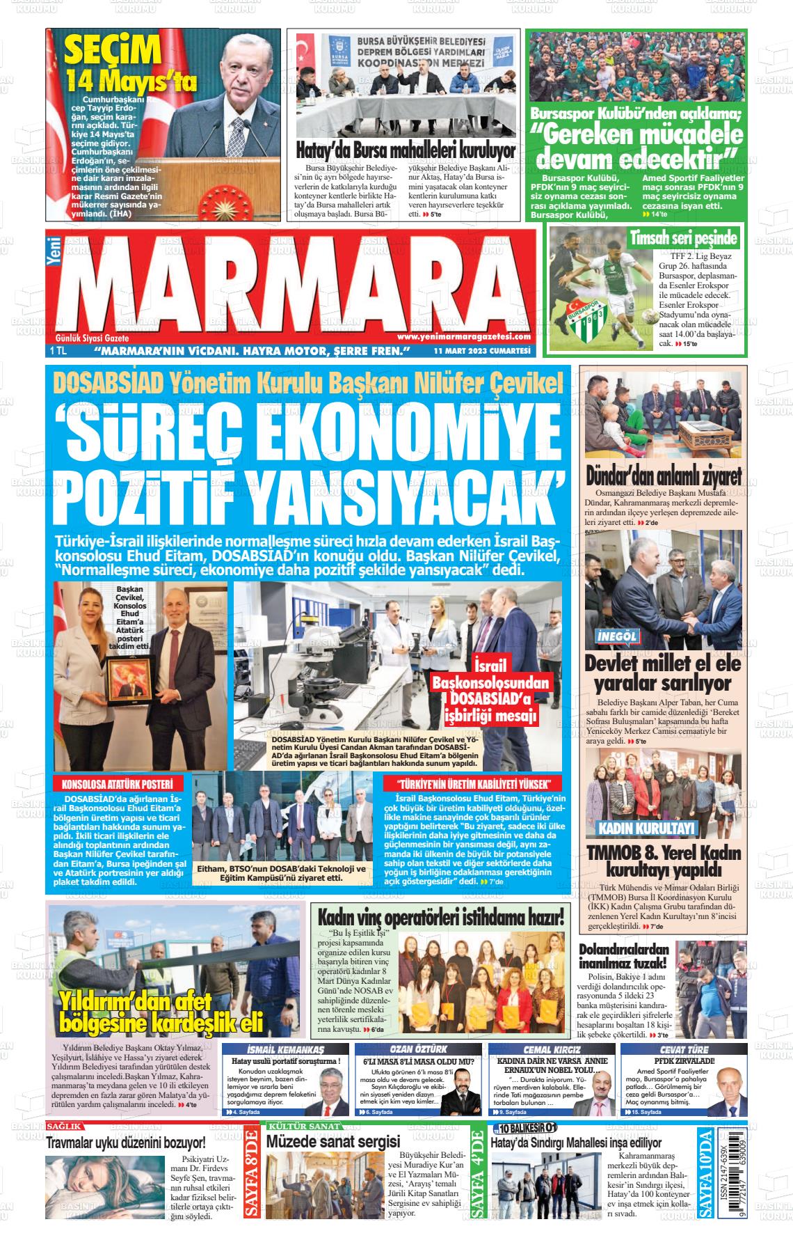 11 Mart 2023 Yeni Marmara Gazete Manşeti