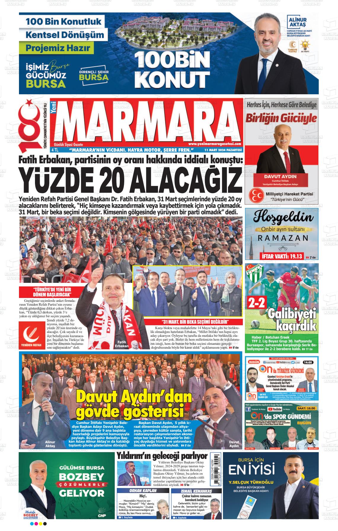 11 Mart 2024 Yeni Marmara Gazete Manşeti