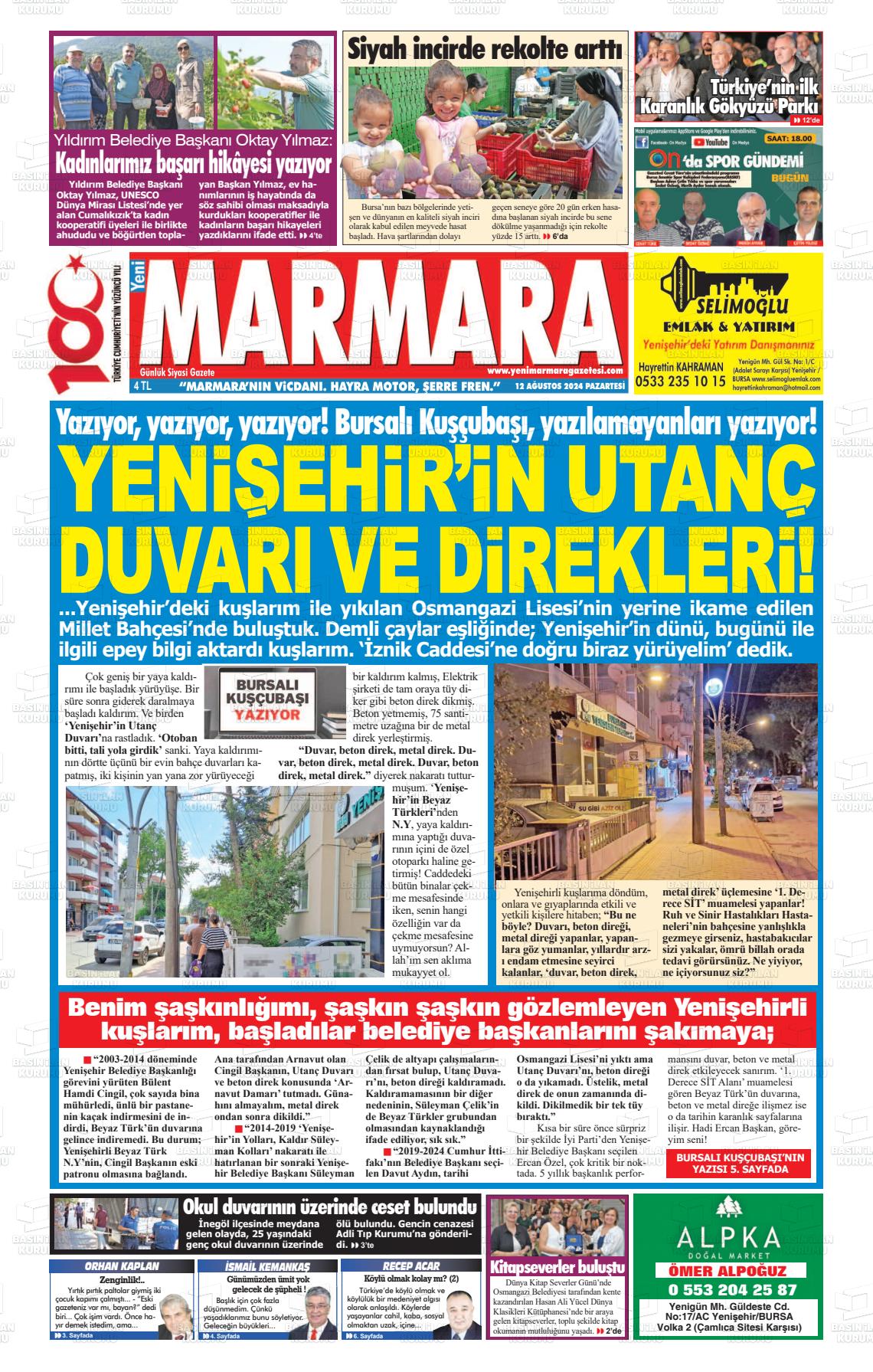 12 Ağustos 2024 Yeni Marmara Gazete Manşeti