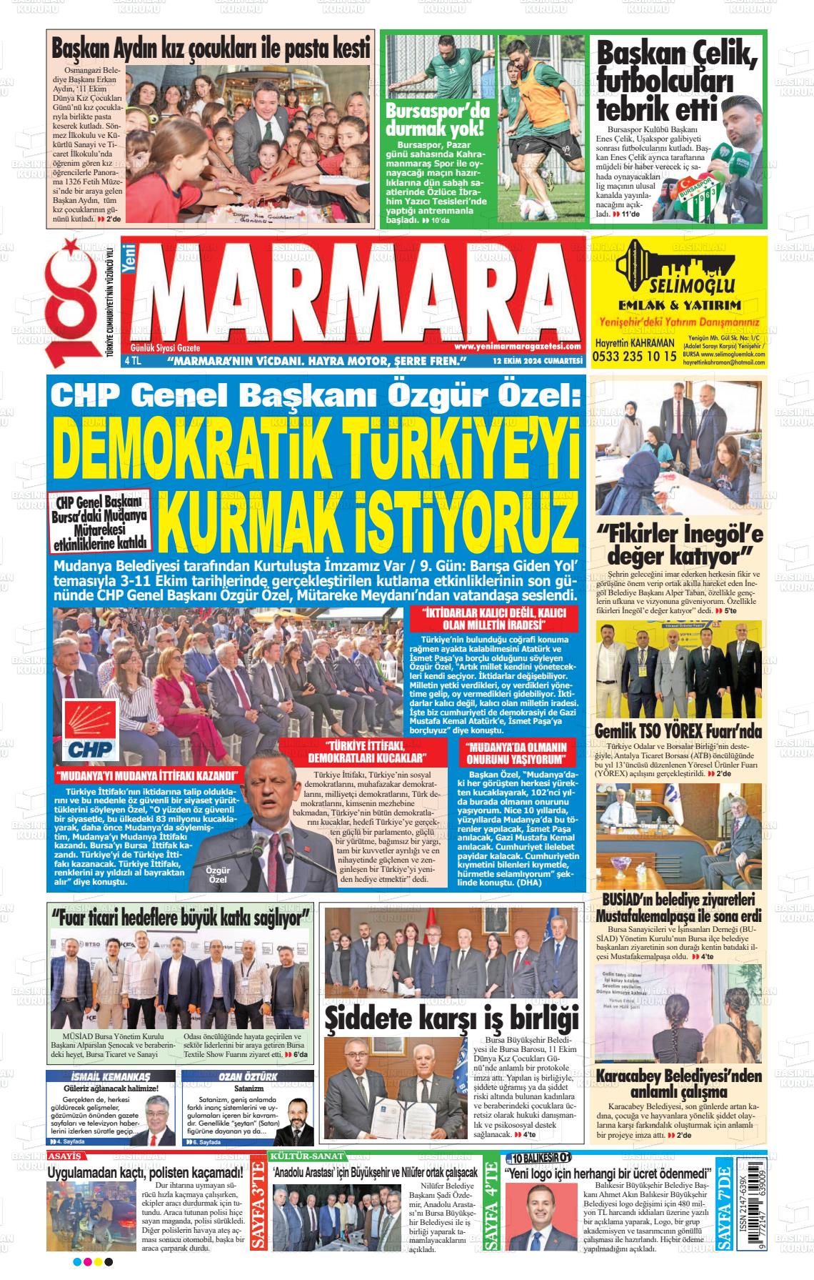 12 Ekim 2024 Yeni Marmara Gazete Manşeti