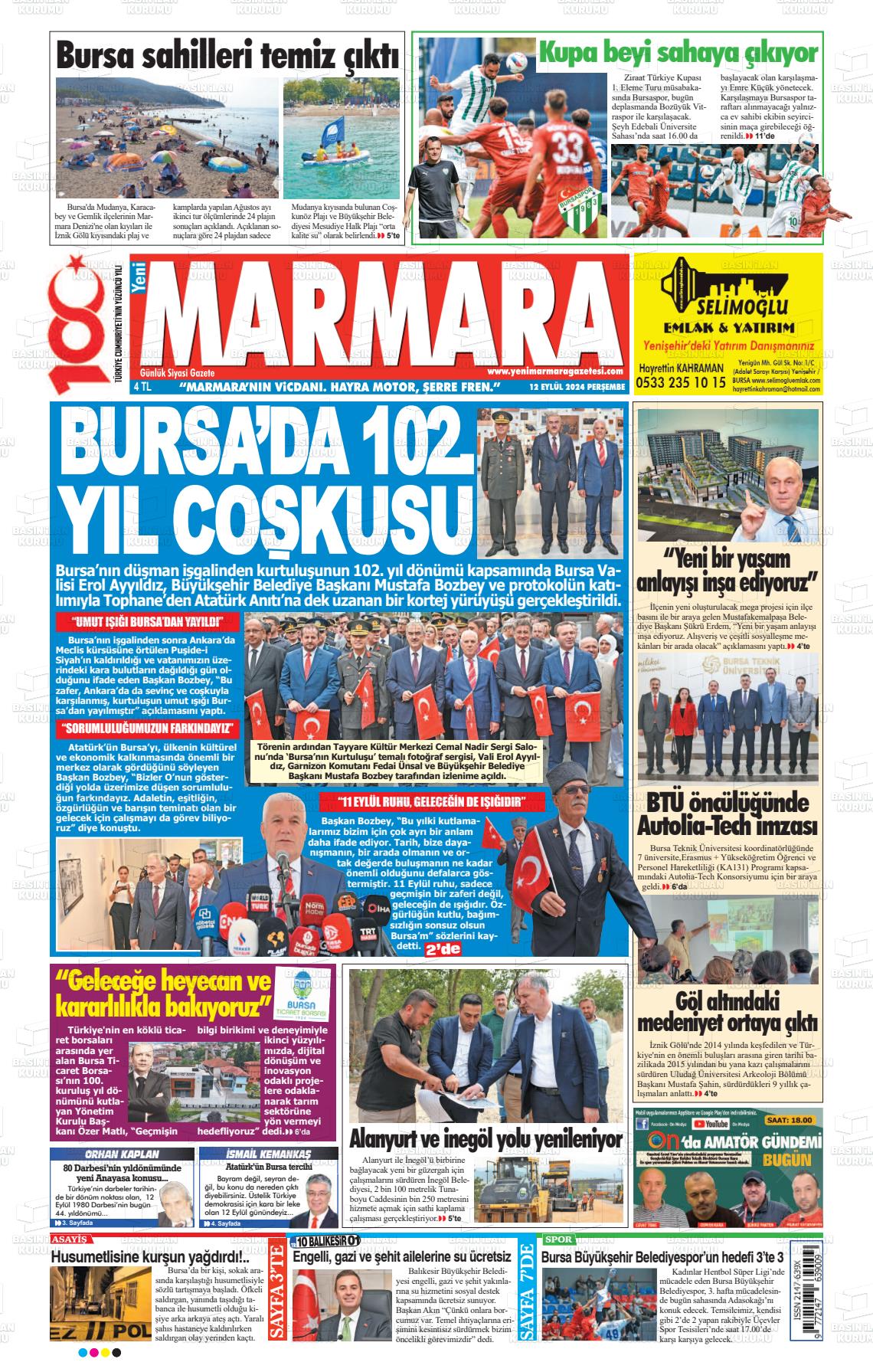 12 Eylül 2024 Yeni Marmara Gazete Manşeti