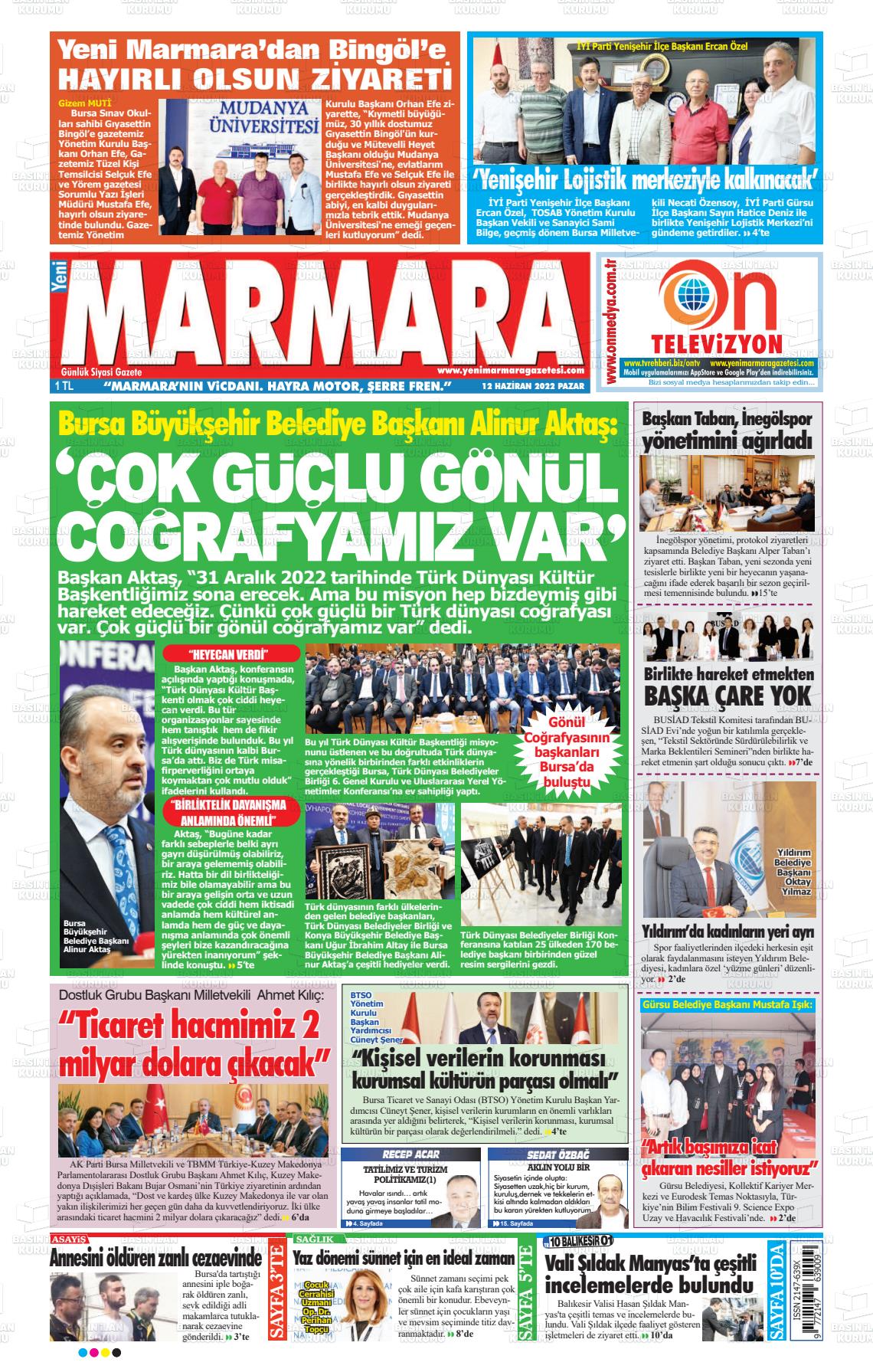 12 Haziran 2022 Yeni Marmara Gazete Manşeti