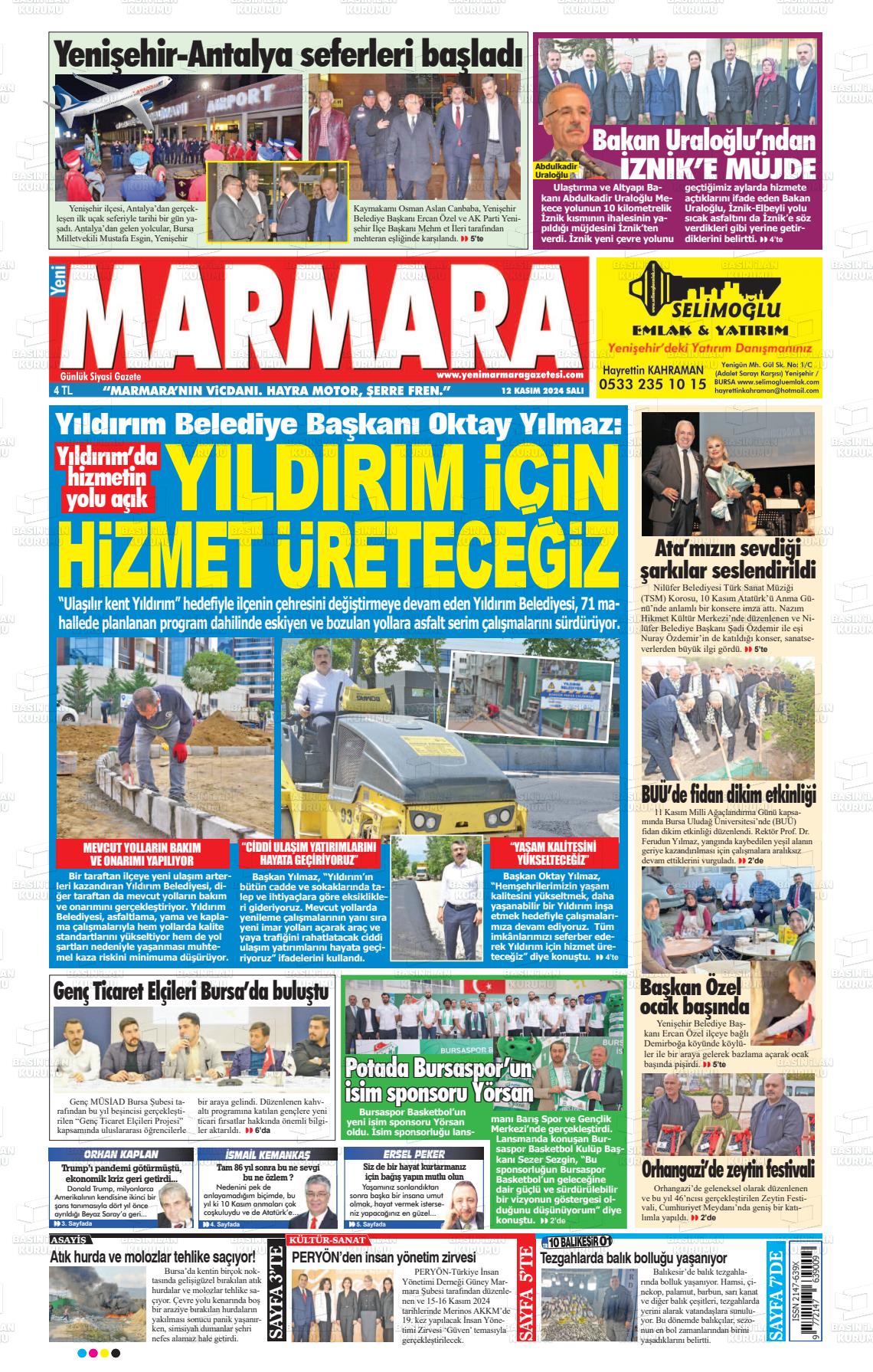 12 Kasım 2024 Yeni Marmara Gazete Manşeti