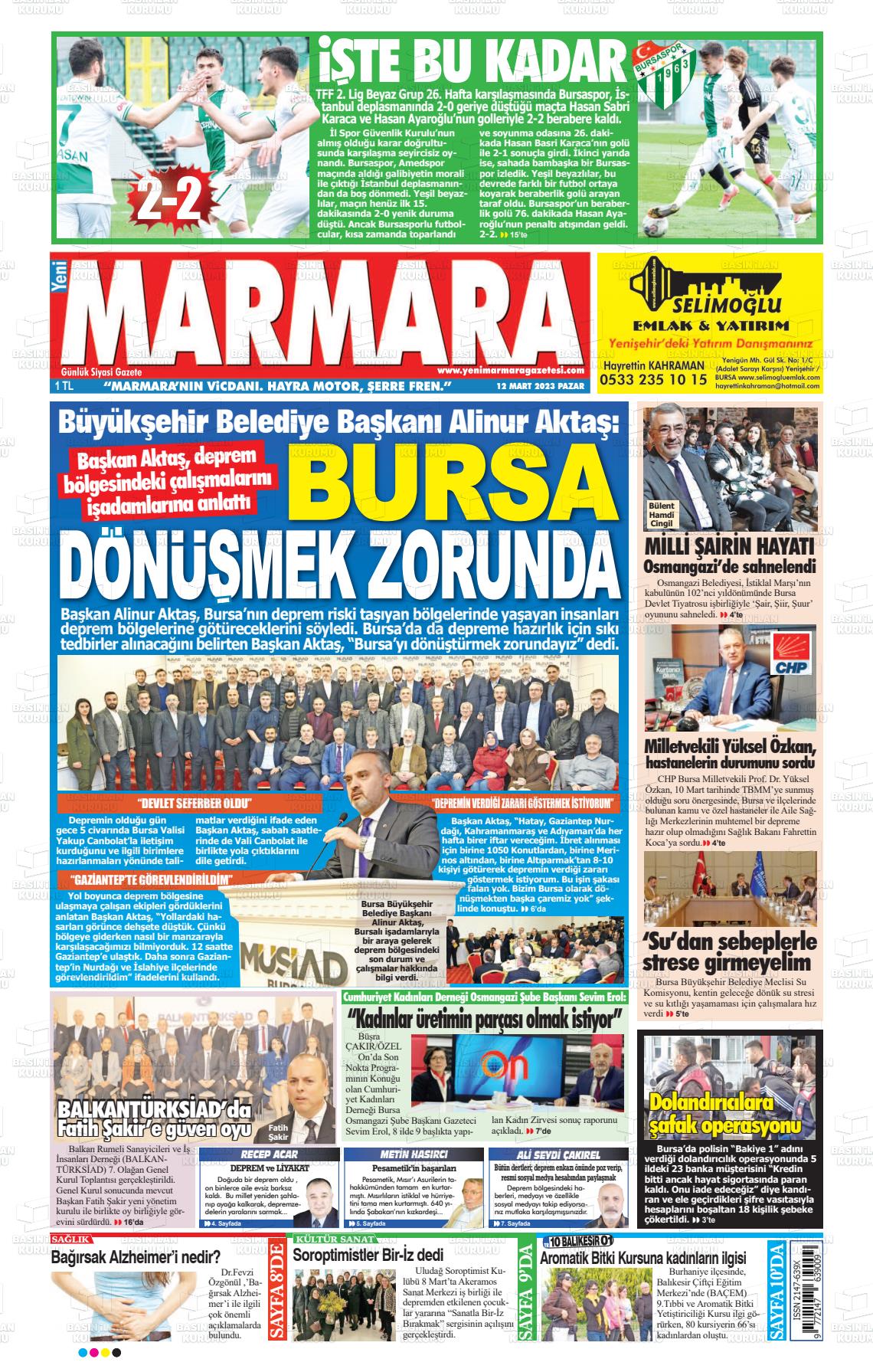 12 Mart 2023 Yeni Marmara Gazete Manşeti