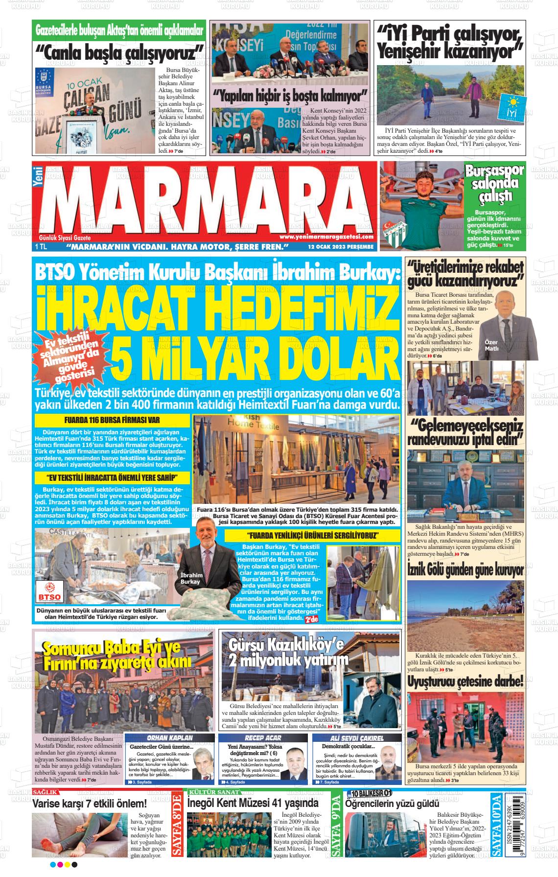 12 Ocak 2023 Yeni Marmara Gazete Manşeti